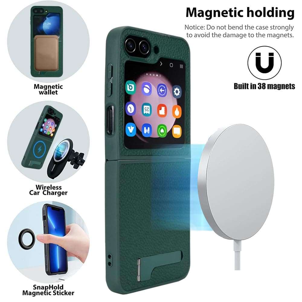 Vitodo Strong Magnetic for Galaxy Z Flip 6 Case Compatible with MagSafe, Built in 3-Way Kickstand Luxury Genuine Leather Shockproof Protection Phone Cover Light&Slim for Samsung Galaxy Z Flip6 (Green) 3
