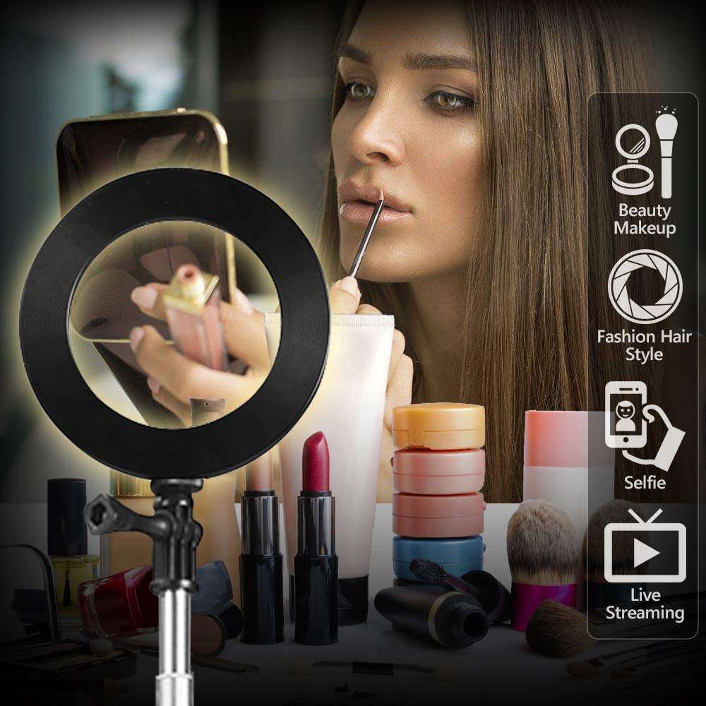 Fonrest LED Ring Light with Stretchable Tripod Stand Selfie Stick, 6-inch Dimmable Floor/Table Annular Lamp for Selfie, Makeup, Live Stream, YouTube, Vlog, Camera/Phone Video Shooting USB Plug 4