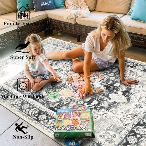 Topotdor Washable Rugs 6x9 Vintage Area Rugs Non-Slip Area Rugs Low Pile Floor Carpet Printed Soft Durable Stain Resistant Foldable Rugs Living Room Dining Room Bedroom,Beige 2