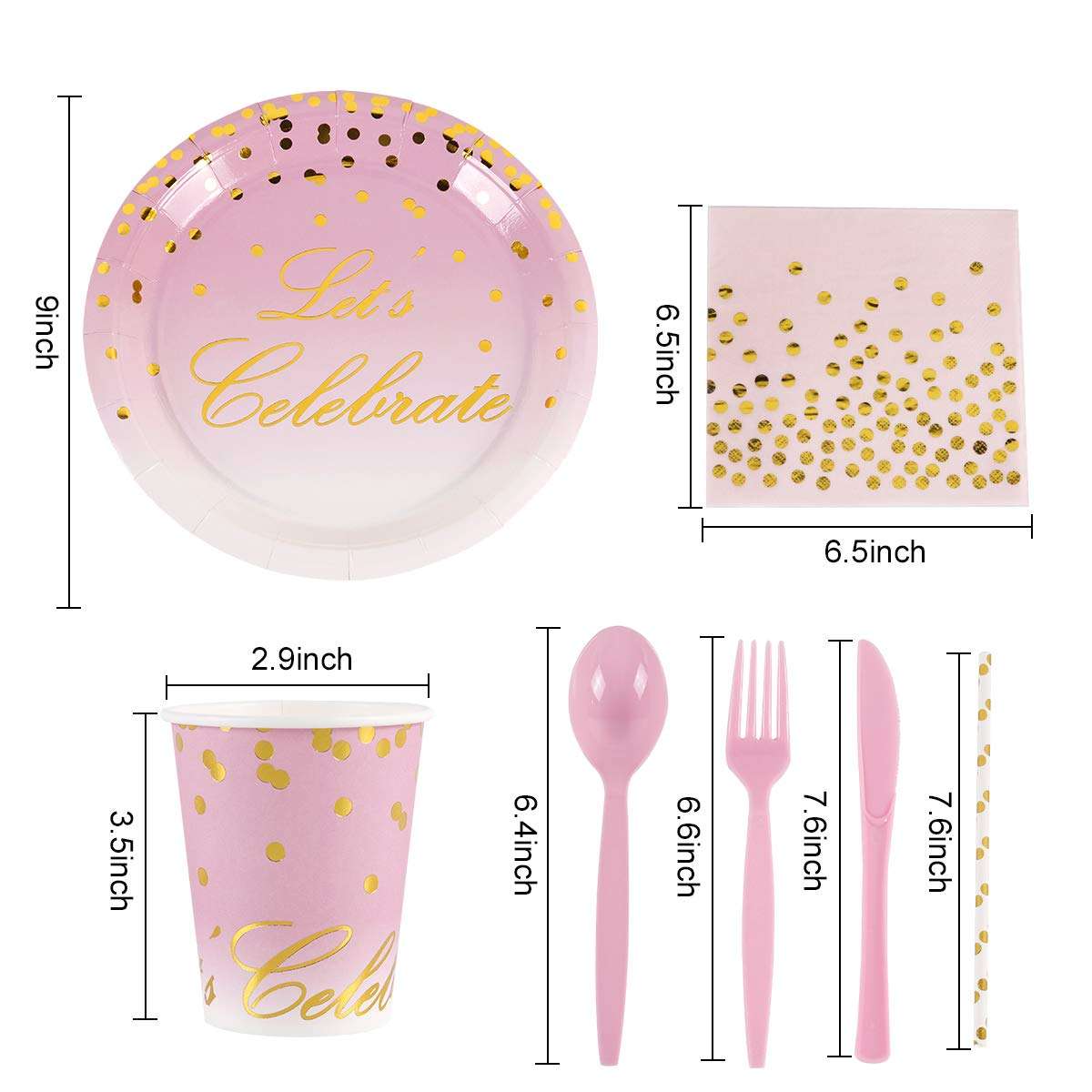 Patimate 168 Piece Pink and Gold Party Supplies | Disposable Dinnerware Set Services 24 | Includes Plastic Knive Spoons Forks Paper Plates Napkins Cups Straws | Birthday Bridal Baby Shower Girls 4