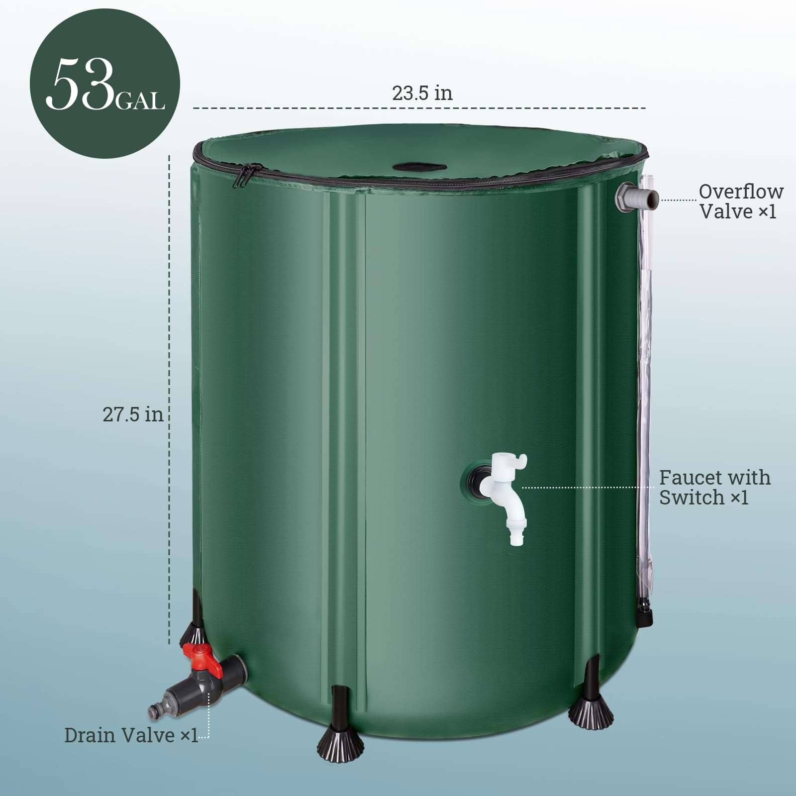 53 Gallon Collapsible Rain Barrel for Garden/Outside/Lawn, Portable Rainwater Collection System, Rain Barrel to Collect Rainwater from Gutter, Water Storage Tank with Two Spigots & Overflow Kit, Green 4