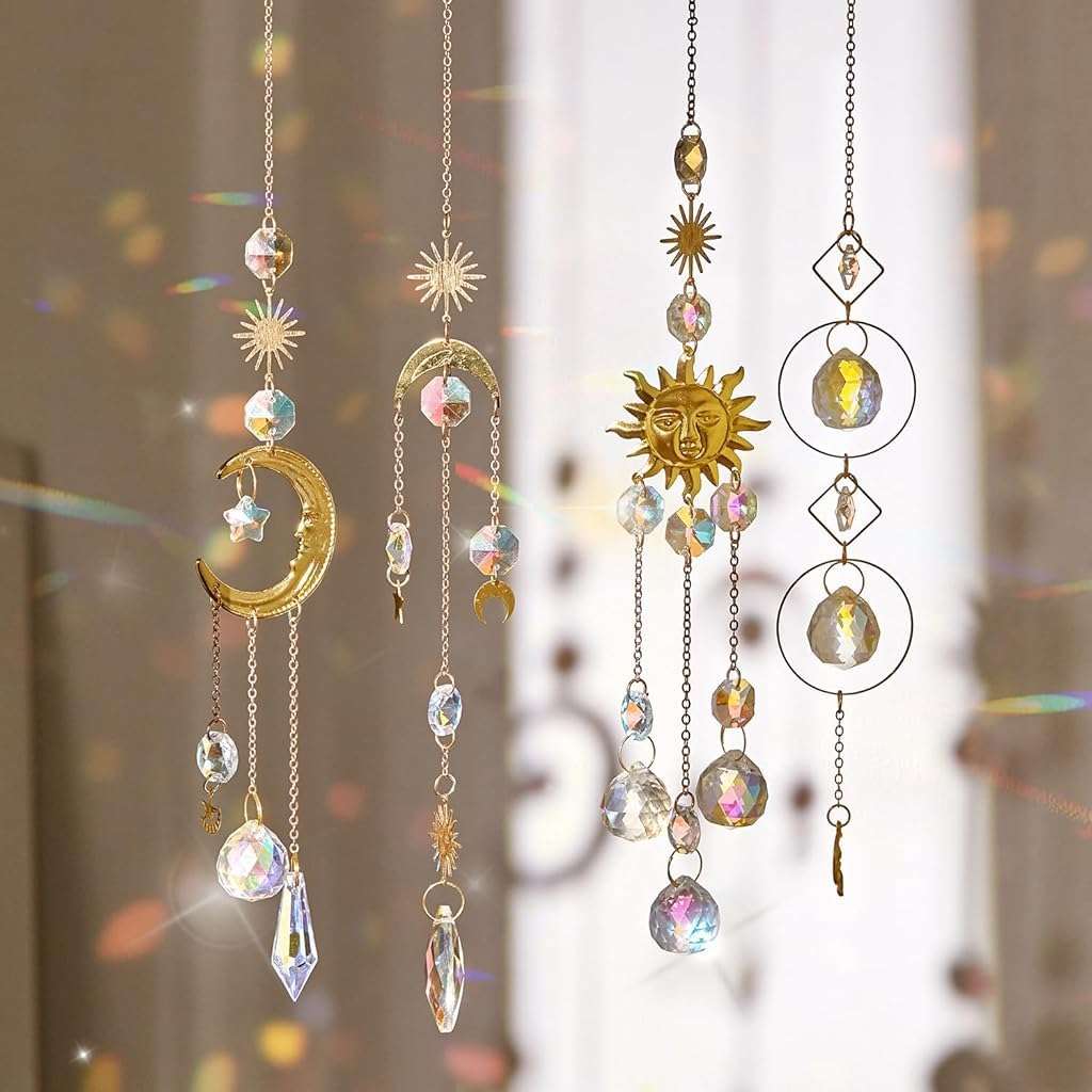 HASTHIP® 4Pcs Crystal Sun Catcher Hanging Charms for Home Decor, Glittering Reflective Colorful Sun Light Catcher Hanging Ornaments for Window, Room, Balcon 1