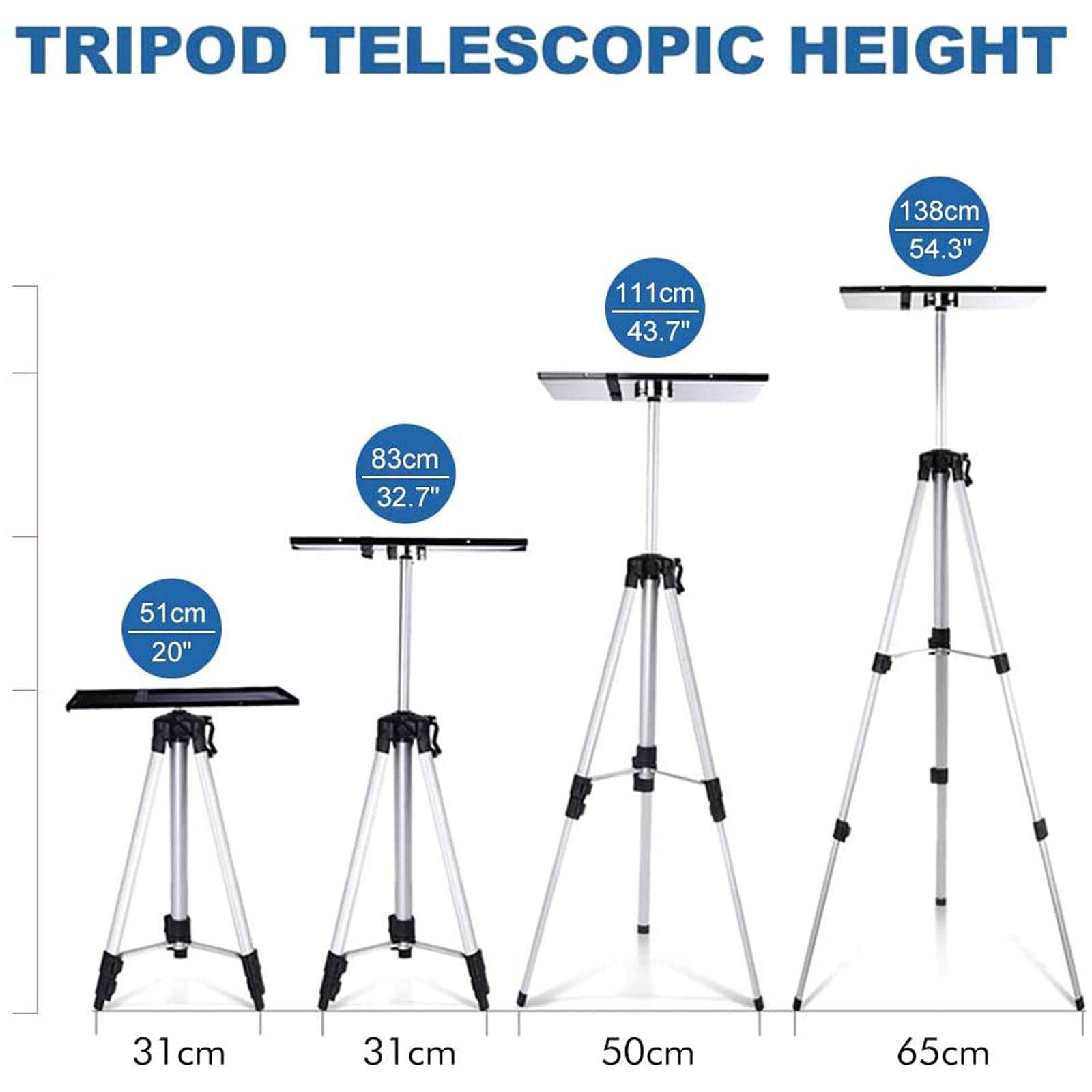 Aluminum Tripod Projector Stand, Adjustable Laptop Stand 21 to 54inch Multi-Function Stand with Tray Holder and Storage Bag for Projectors Laptops Photography 3