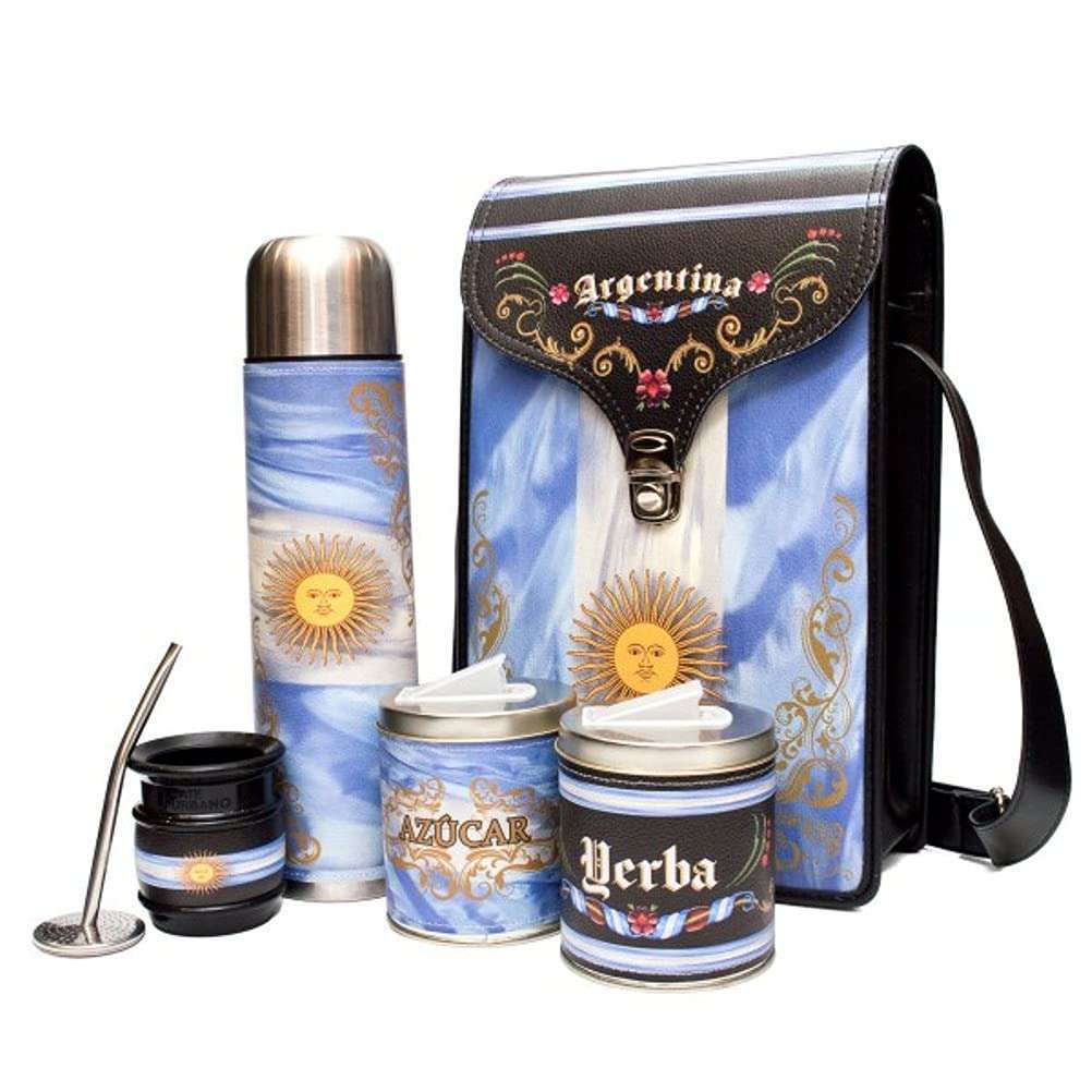 Mates Argentina Eco Leather Complete Set to Drink Yerba Mate Kit All Accesories Included: – Containers – Gourd (Cup) – Bombilla (Straw) – Thermos – Bag, Black. White, Light Blue, 34 X 23 X 12