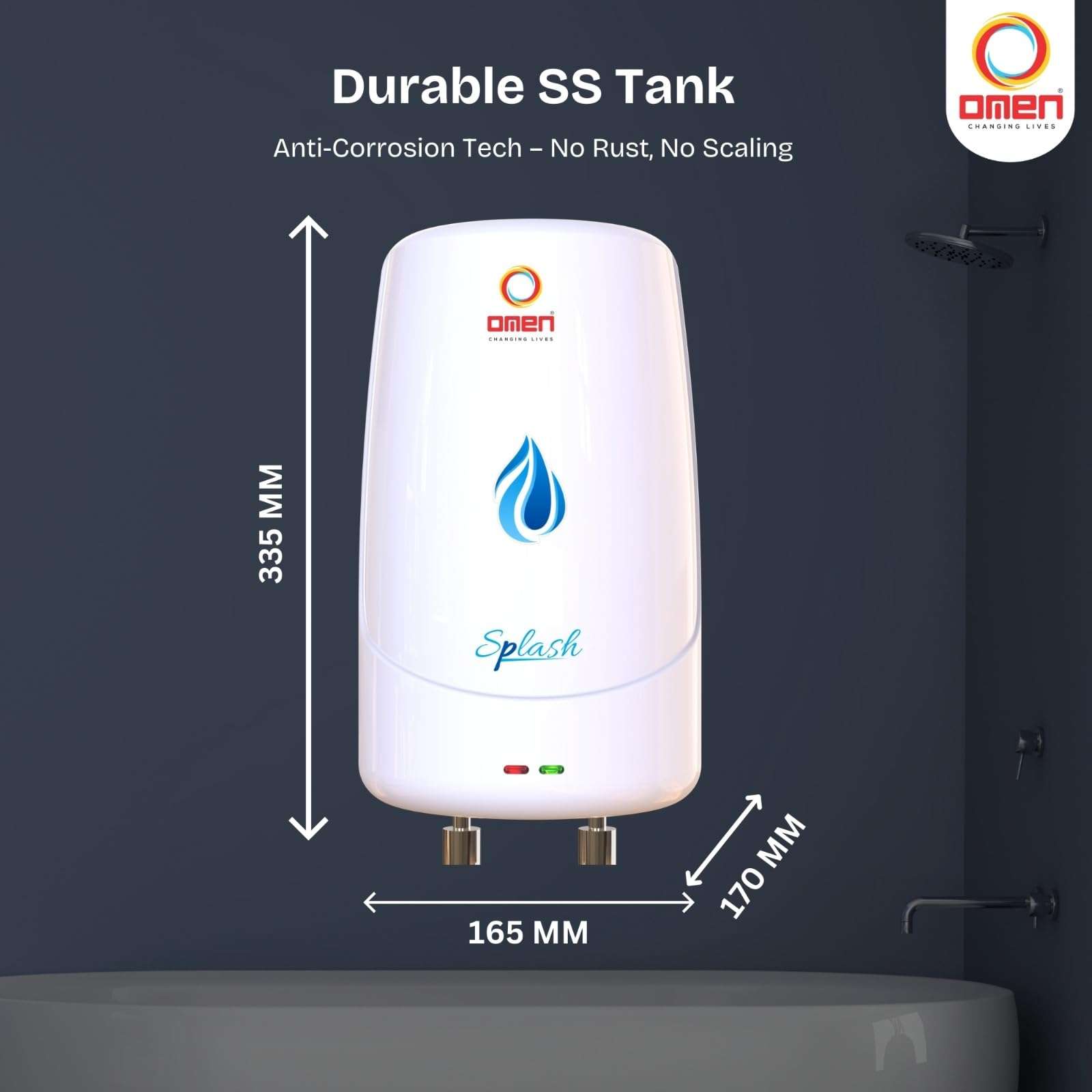 Omen Changing Lives Splash 3 L Instant Water Heater | 3000 W Fast Heating | Gas Geyser with Advanced Safety Features | Rust-Resistant SS Tank | Ideal for Kitchen & Bathroom 3
