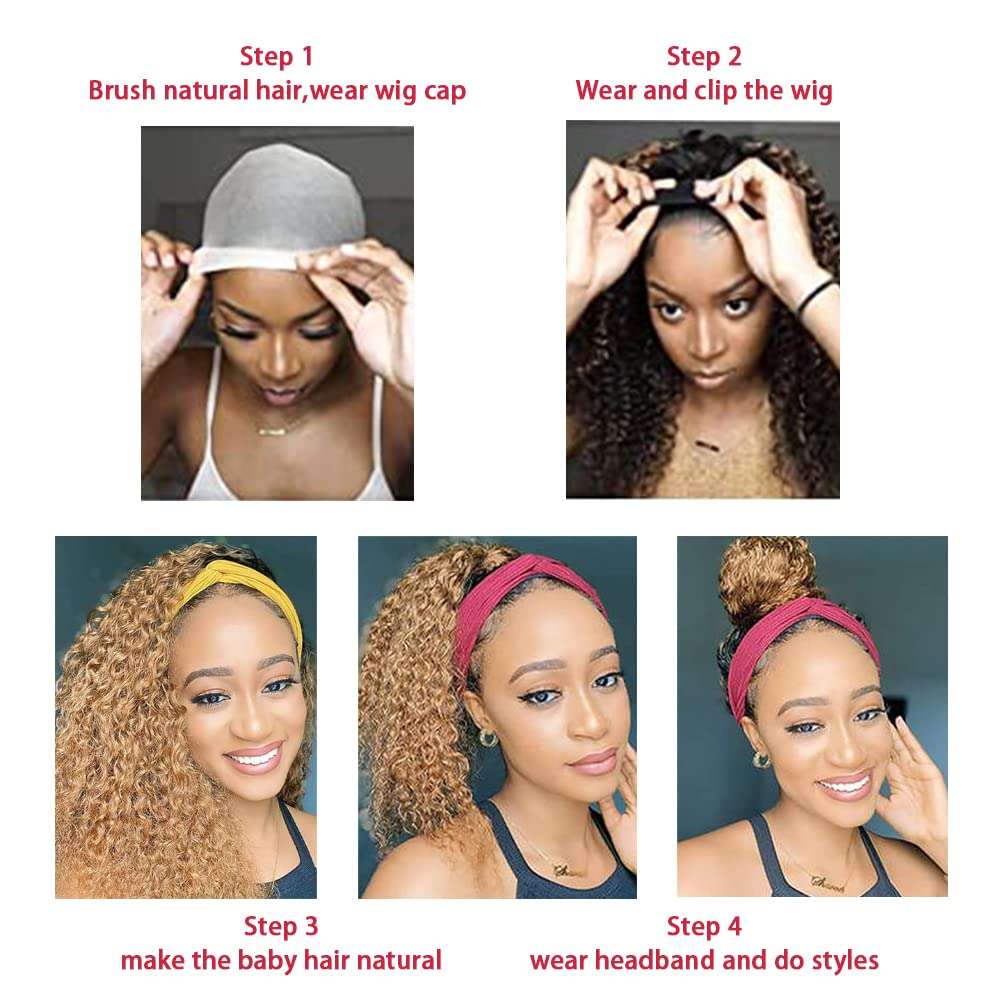 1B30 Straight Headband Wig Human Hair Ombre Brown Headband Wig 130% Density Unprocessed Virgin Hair Wigs Dark Brown Color Straight Machine Made Wigs 20 Inch 4