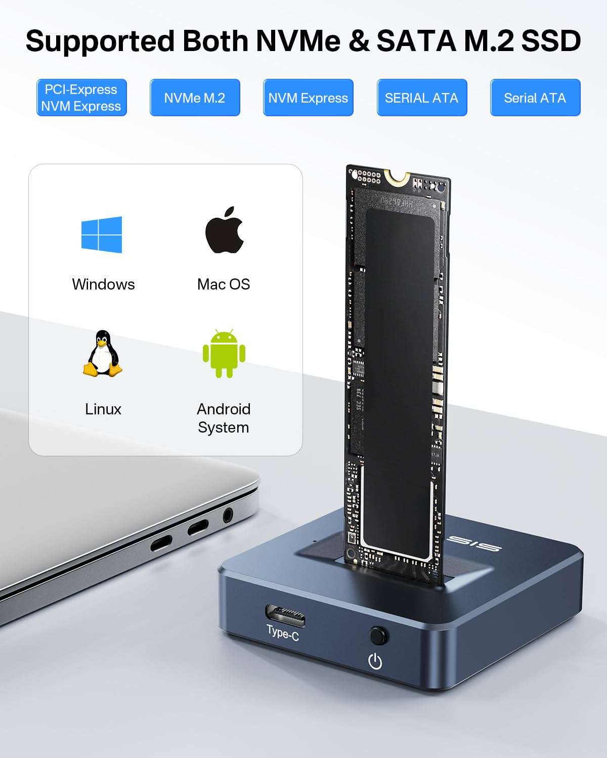 ACASIS M.2 NVMe & SATA to USB C Docking Station, NVME SSD Enclosure Adapter, USB 3.2 Gen 2(10 Gbps), Aluminium Alloy Housing, Support M.2 (M Key) NVMe and (B+M Key) SATA-Based SSD 6