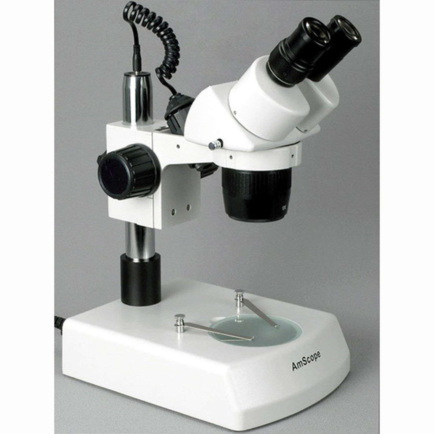 AmScope SW-2B13X Binocular Stereo Microscope, WH10x Eyepieces, 5X/10X/15X/30X Magnification, 1X/3X Objective, Upper and Lower Halogen Lighting, Pillar Stand, 110V-120V, Includes 0.5x Barlow Lens 2