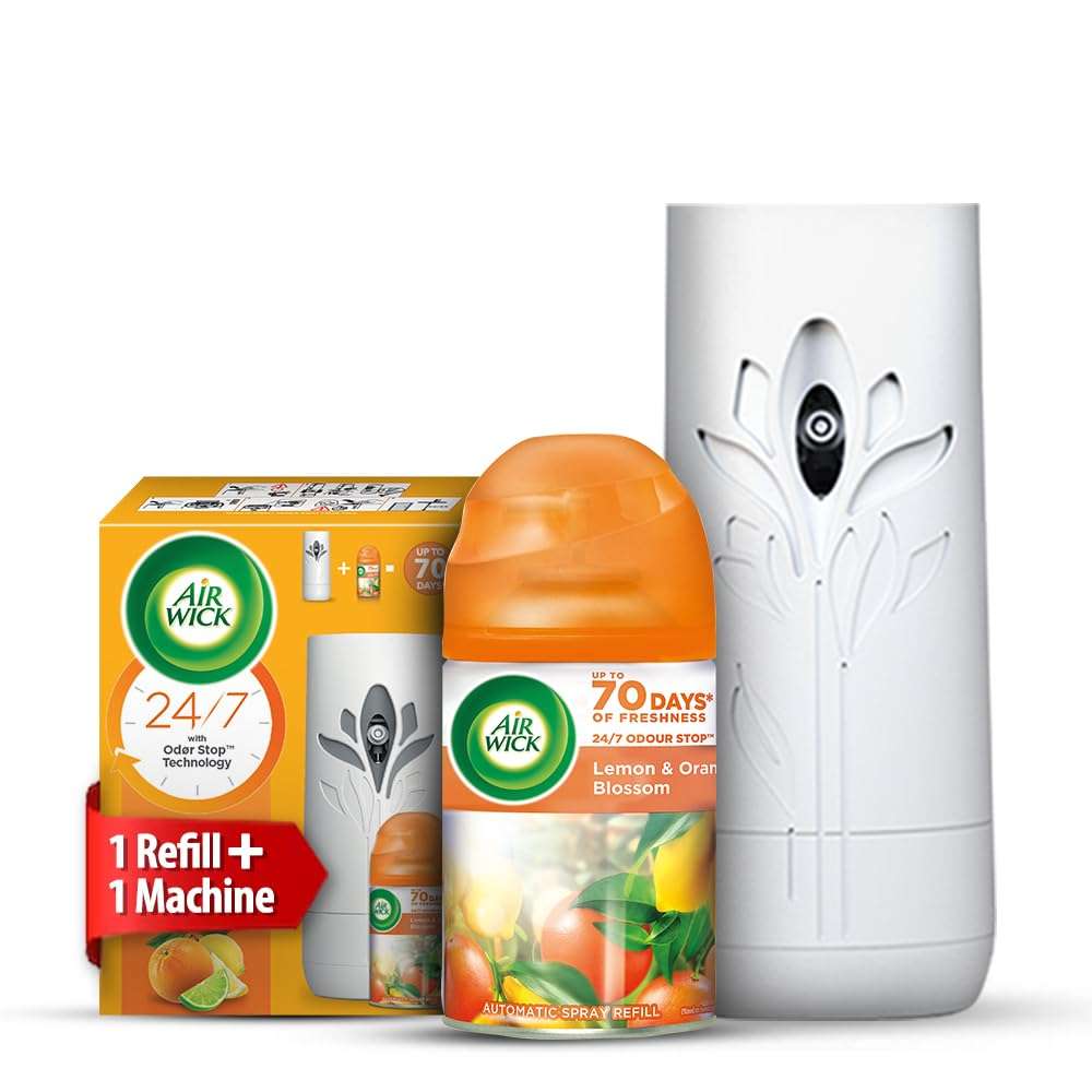 Air Wick 250 ml - Lemon & Orange Blossom, Refill + Automatic Spray| Freshmatic Air Freshener Kit | 2600 Sprays Guaranteed | Automatic Room Freshener, Bathroom Freshener and Room Spray 1
