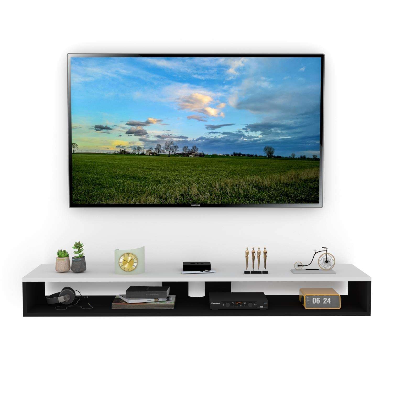 Clover Crafts™ Beautiful Laminated 17mm Thickness Engineered Wood Wall Mount TV Entertainment Unit Set Top Box Stand Wall Shelves Display Rack for Bedroom Home Living Room - (White Black) 1