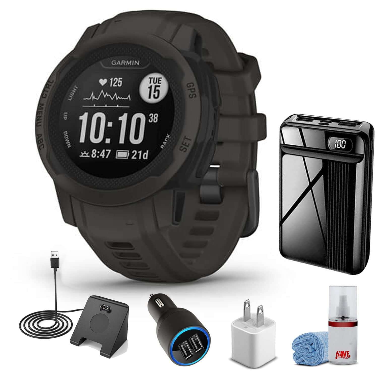 Garmin Instinct 2S - Standard Edition Smart Watch-Graphite + Watch Charging Stand + USB Car/Wall Adapter + 6Ave Cleaning Kit (Bundle) (010-02563-10) 1