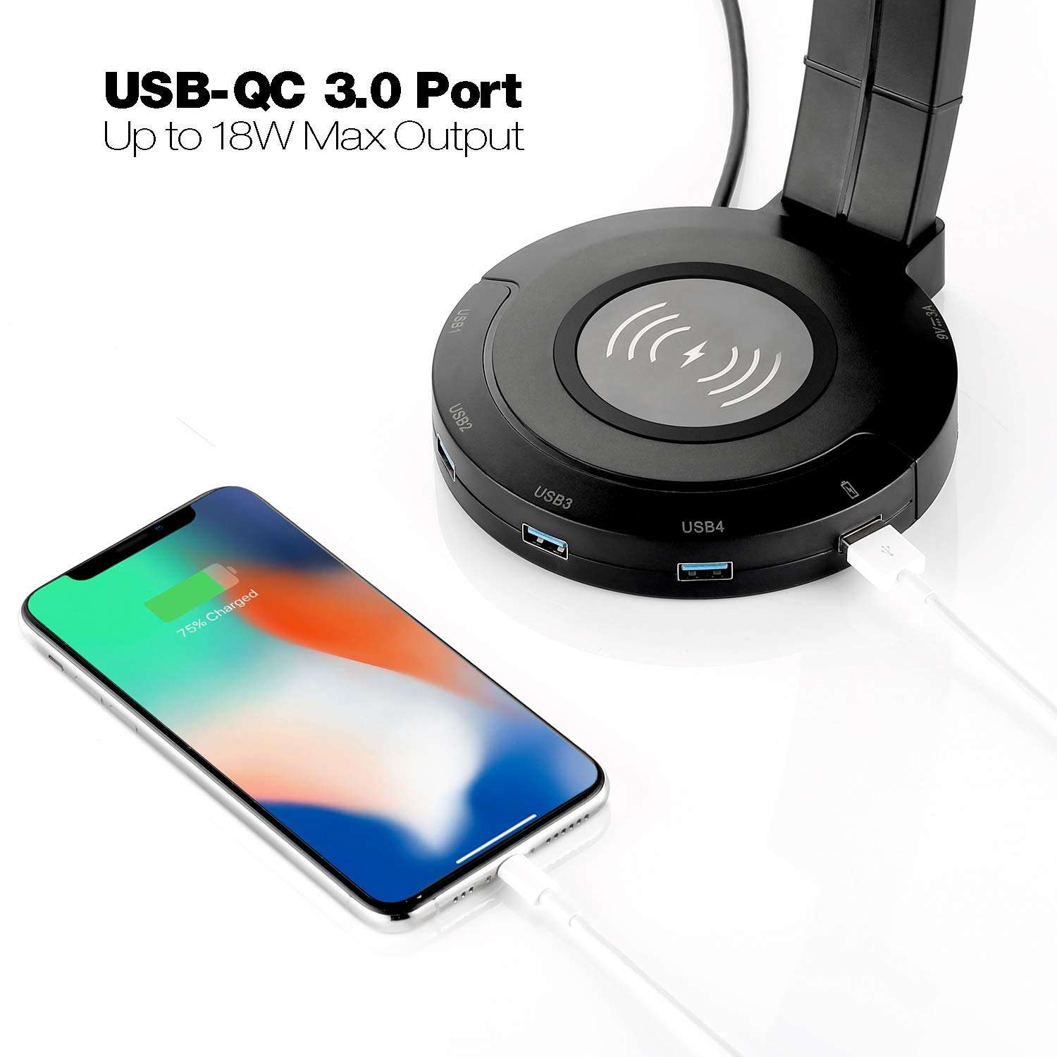 EasyAcc Wireless Charging with Headphone Stand with 18W Output USB 3.0 Charging Port 4 USB HUB Compatible with iPhone XR/Xs Max/XS/X/8/8 Plus, 10W Fast Charging Galaxy S10/S10 Plus/S10E/S9 and More 5