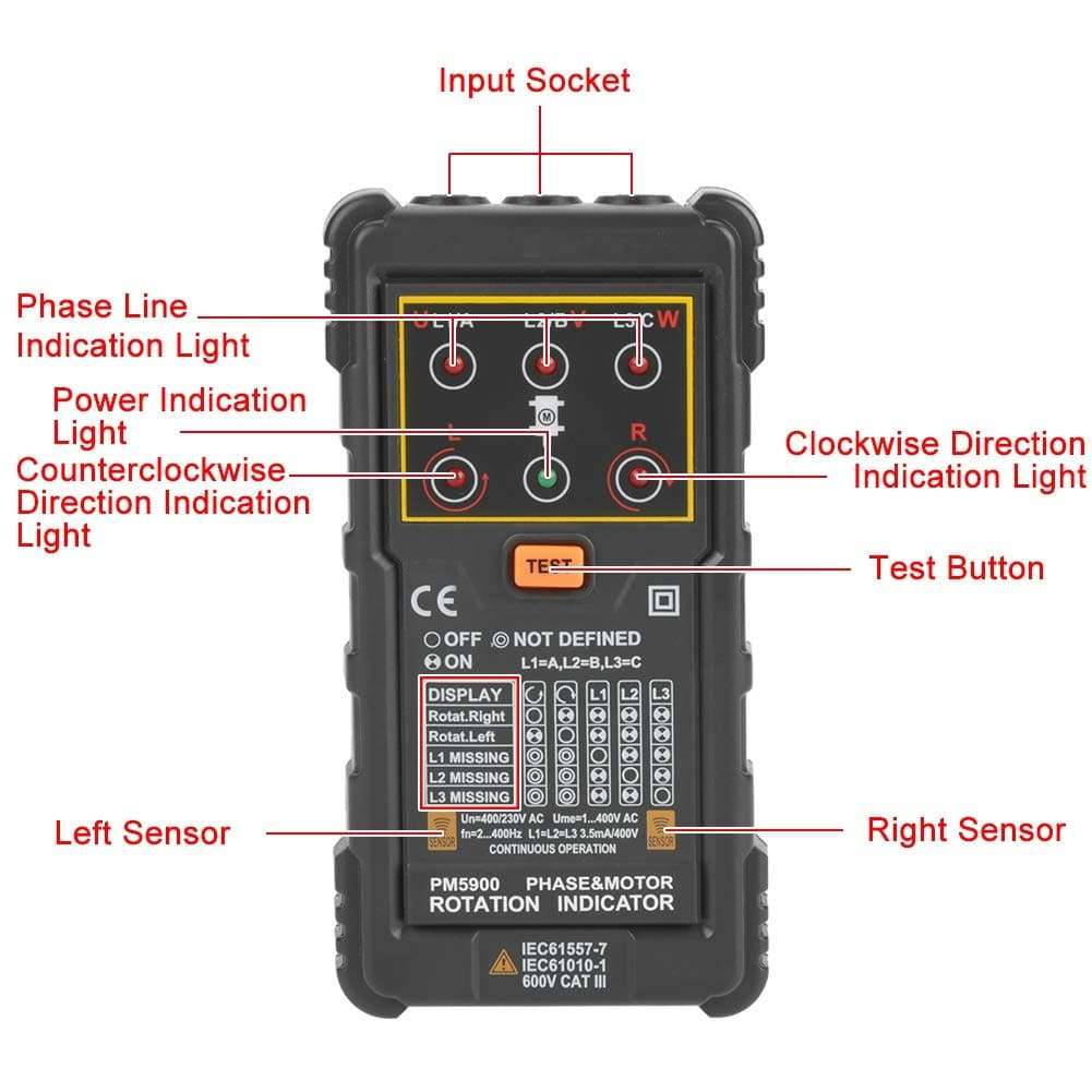 Oumefar Three Phase Motor Rotation Indicator, Sequence Tester, Handheld, 400V AC, 2-400Hz, 3.5mA, No Batteries Included 3