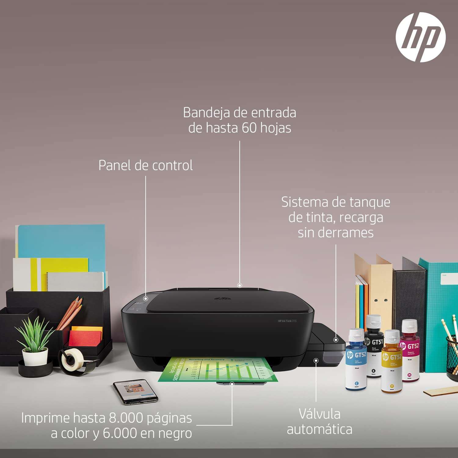 HP Ink Tank 315 Printer, All-in-One, Print, Copy, Scan, Hi-Speed USB 2.0, Up to 8/5 ppm (Black/Color), 60-Sheet Input Tray, 25-Sheet Output Tray, 1000-page Duty Cycle, Color, Z4B04A 4
