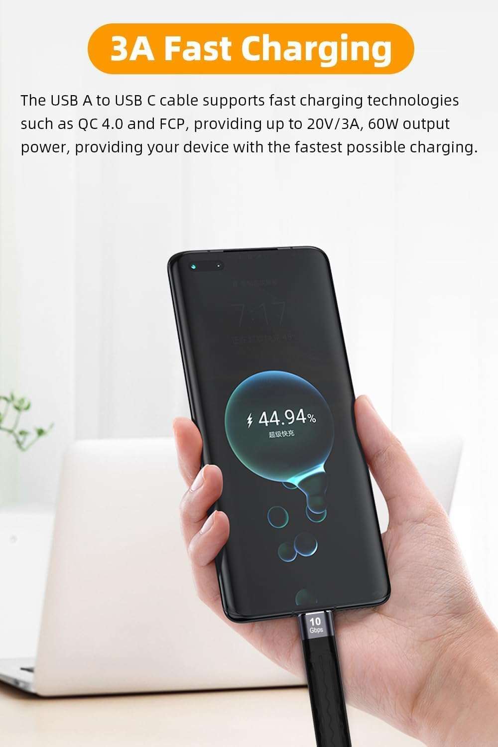 VOOCME USB C Cable 5.3 inch, USB A to USB C 60W Fast Charging Cable Supports 10Gbps Data Transfer for Portable SSD, Power Bank, Android Auto, Laptop, Tablet, Phone (VM-U2C,10GBPS) 4