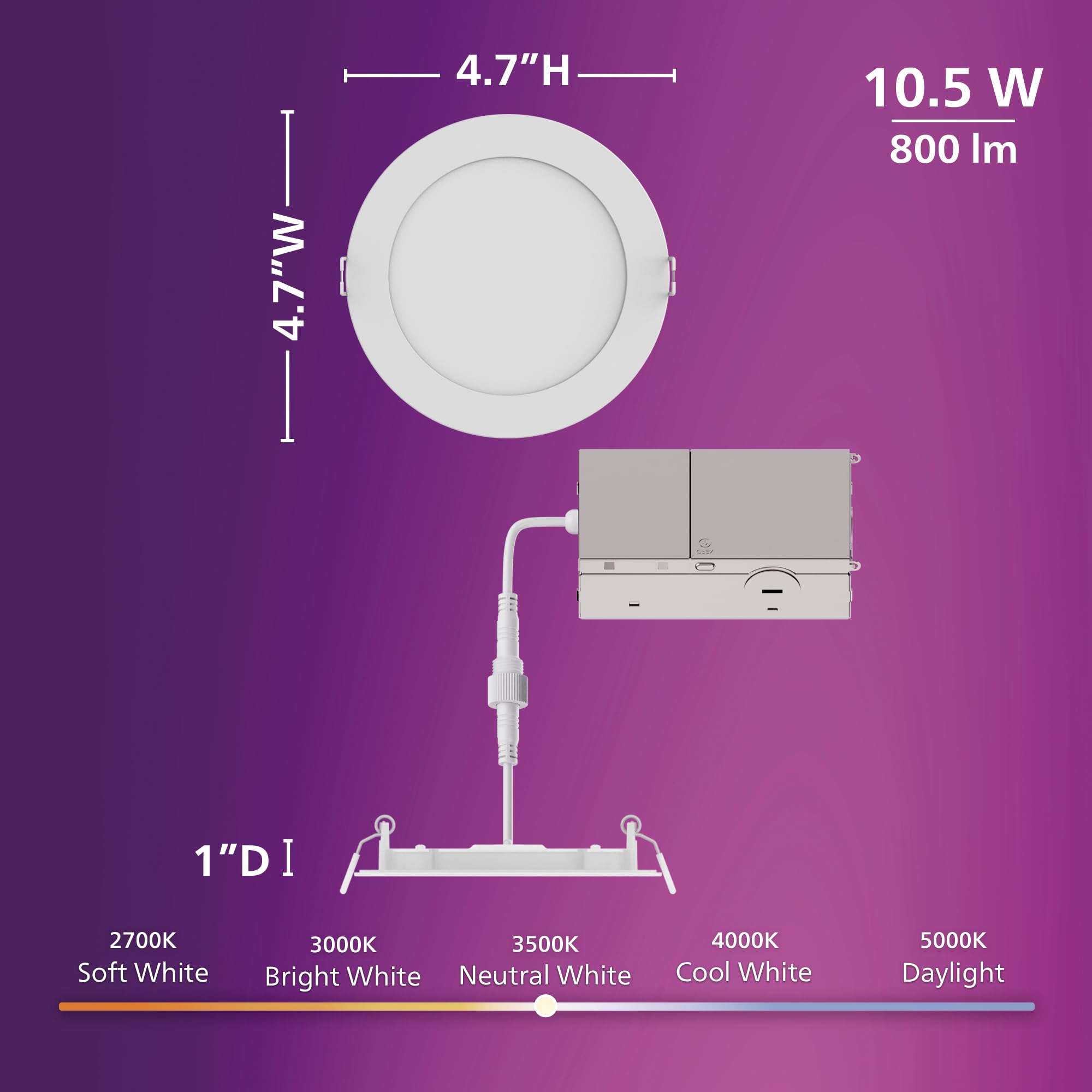 Philips LED 4-Inch Slim Downlight, 12 Pack, Canless Design, 800 lm, Dimmable, EyeComfort, 10.5W, 5 CCTs 2700-3000-3500-4000-5000K, 25,000 Hours 3