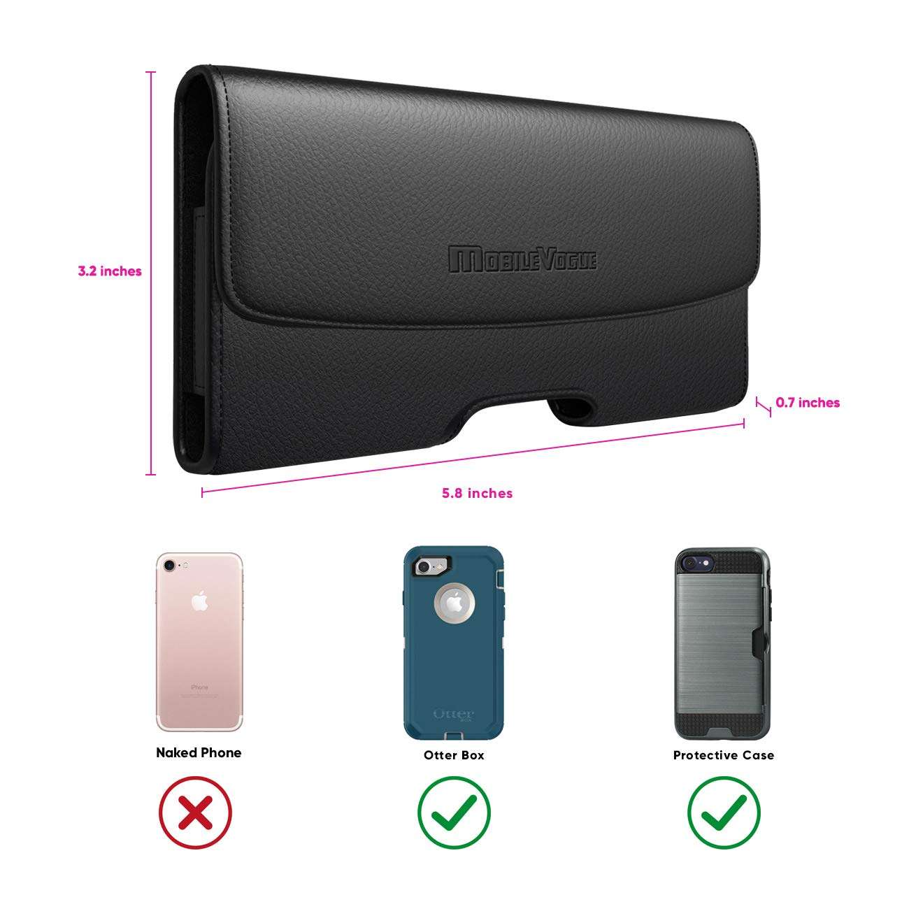 Mobile Vogue by Reiko Premium Eco-Friendly Leather Phone Pouch Belt Clip Holster Compatible with iPhone/Galaxy/Stylo/Android Phone with Protective Case on (Black-MV102, 6.6 x 3.5 x 0.7 in) 5