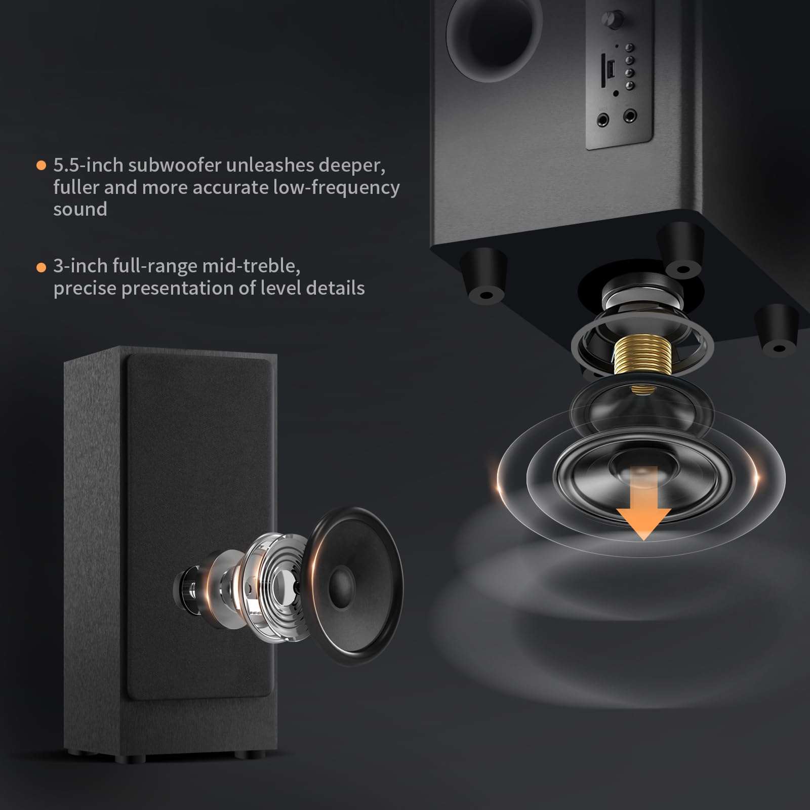 Elimavi TV Surround Sound System with 5.5-inch Subwoofer and 3-inch Mid Tweeter for Home Theater Speakers, 60W Peak Power, Support RCA/BT/TF Card Inputs Suitable for TVs, PCs 4