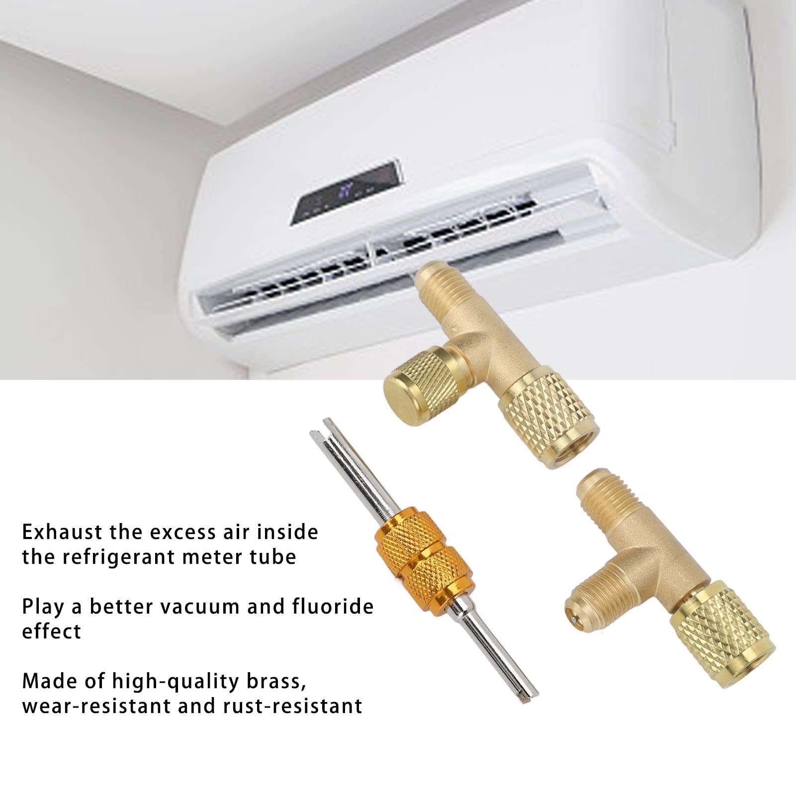 1/4in Valves Core Brass Tee Adapter, Brass Quick Coupler Access Tee Fittings for Vacuum Gauge R22 R12 R134 Refrigerant 3