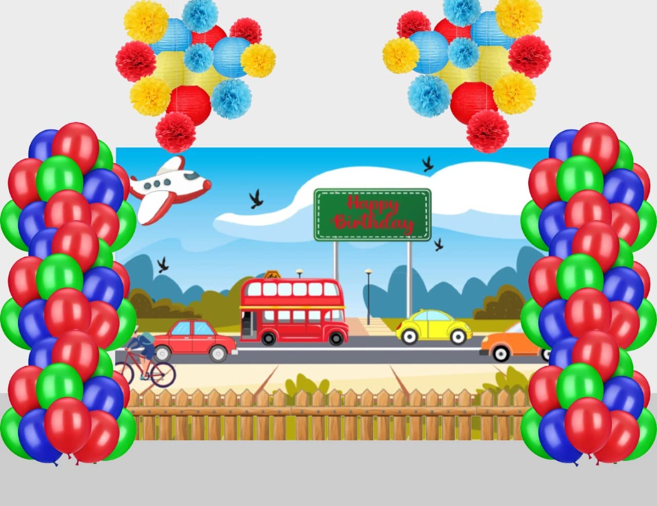 Theme My Party Combo Kit -"Transport Theme " Decoration Kit With Backdrop ,Balloons And Pom Pom /Lanterns" (4ft X 4ft)