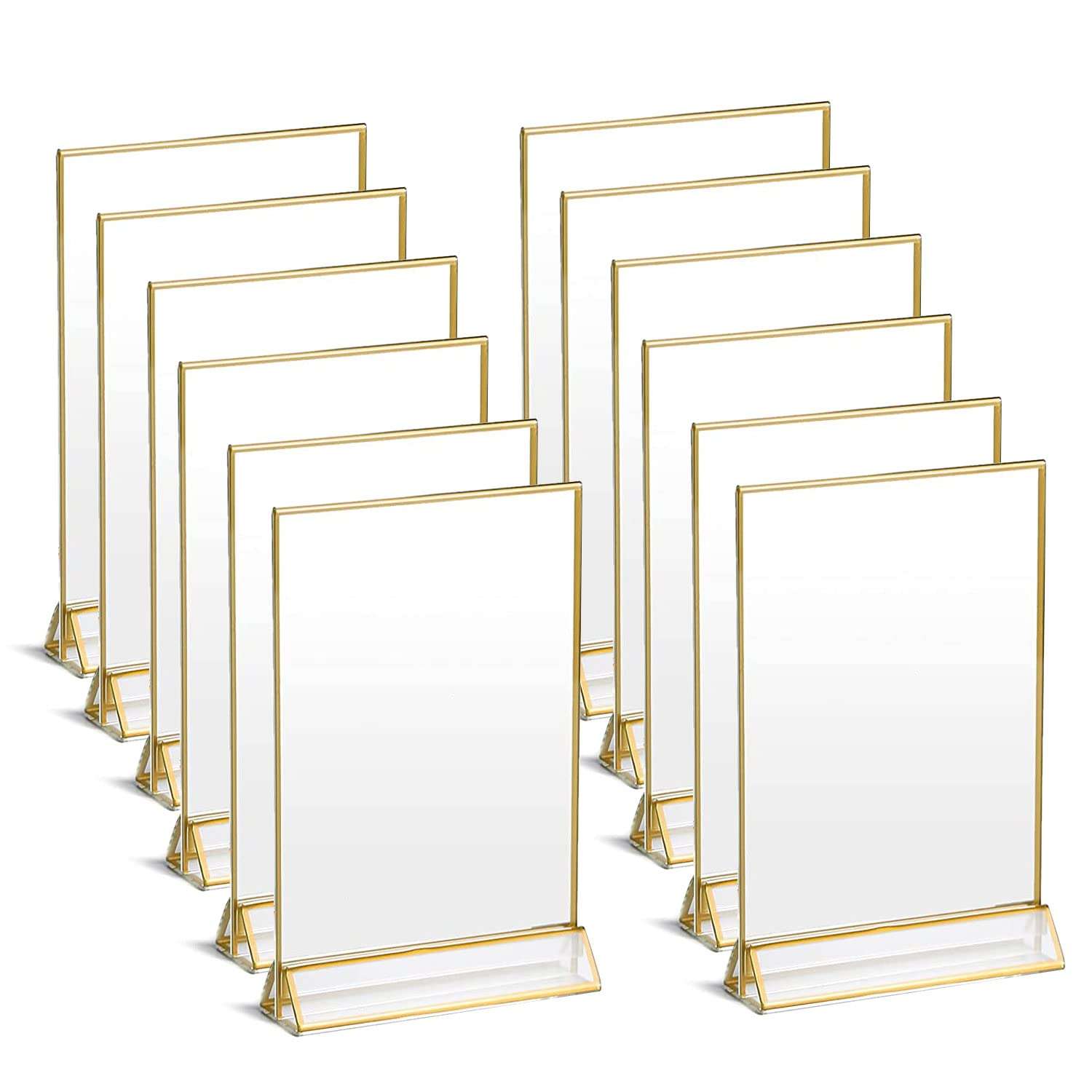 UNIQOOO Acrylic Sign Holders with Gold Border, Pack of 12 | 4x6 Double Sided Clear Frame | Perfect for Wedding Table Numbers, Photo Display, Restaurant Menu Food Sign, Promotion Ad