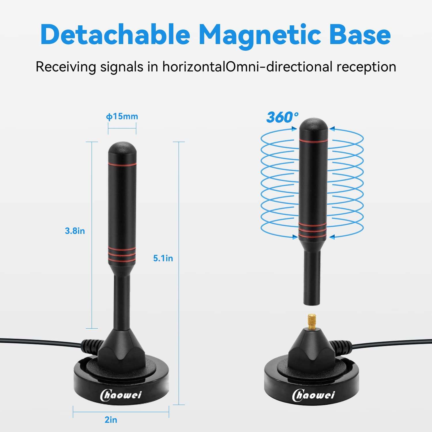 Chaowei Digital TV Antenna-DVB66 Portable Indoor Outdoor TV Antenna with Magnetic Base,16.5ft Long Cable,Omnidirectional Receiving-Support 4K 1080P TV 2