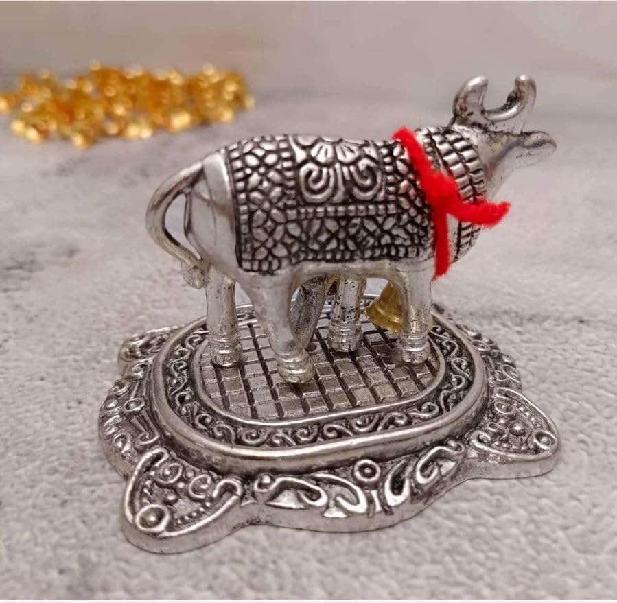 LABHCART Decorative Silver Metal Cow Statue with Bell, 7.6 x 6.4 cm, Traditional Design,Pack of 6 5