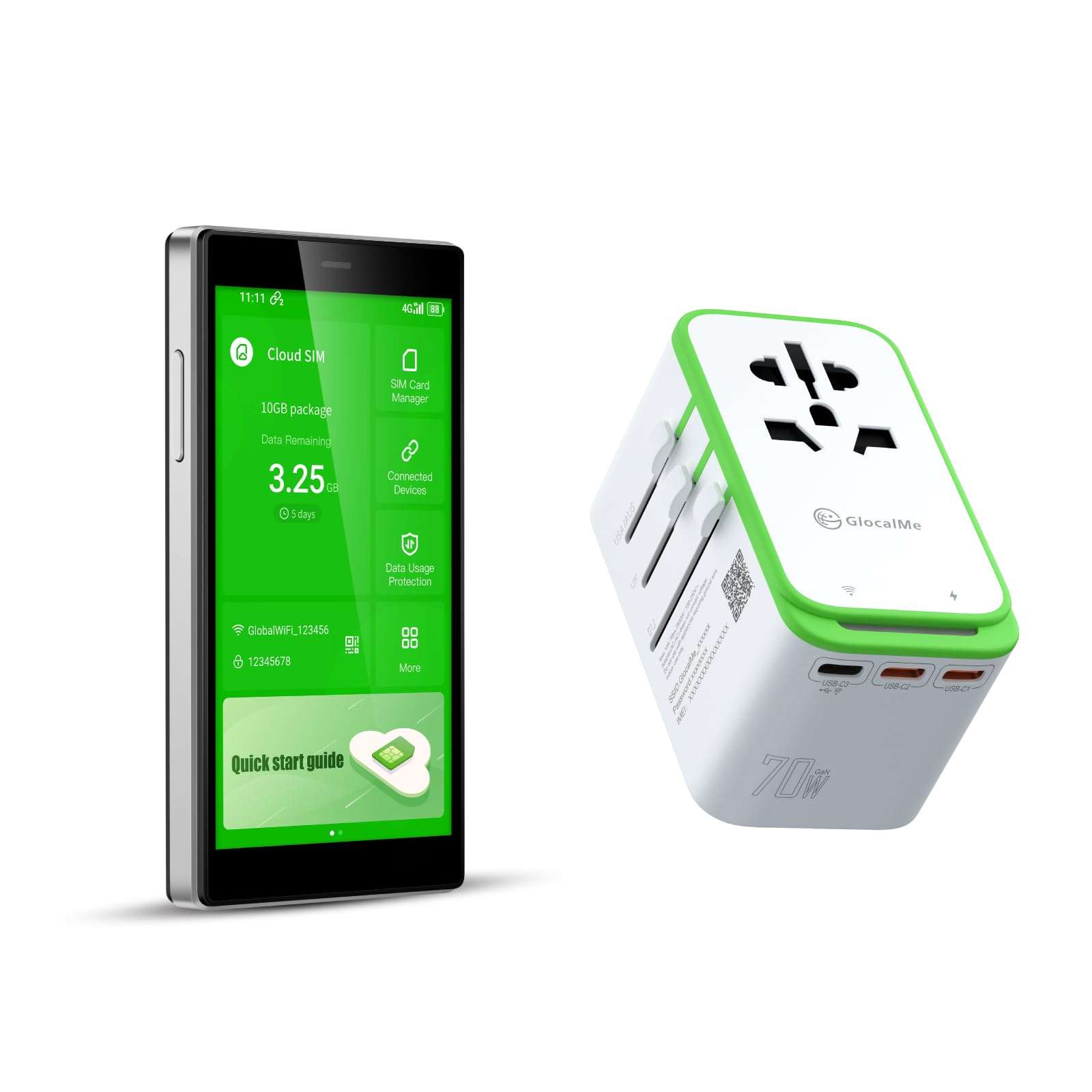 GlocalMe G4 Pro 4G LTE Mobile Hotspot Device and RoamPlug Universal Travel Adapter with 4G WiFi Mobile Hotspot, All-in-One International Power Plug Adaptor, 4 USB Ports and Max 70W Output for US EU UK
