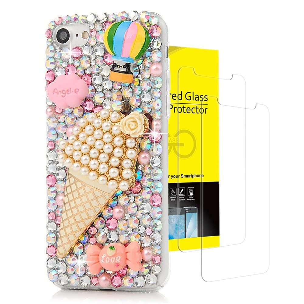 Glitter Elegant Phone Case Compatible with Samsung Galaxy Note 20 Ultra 5G, AS-Zeke 3D Handmade Ice Cream Balloon Candy Rhinestone Crystal Bling Design Cover Case with Screen Protector [2 Pack] - Pink 1