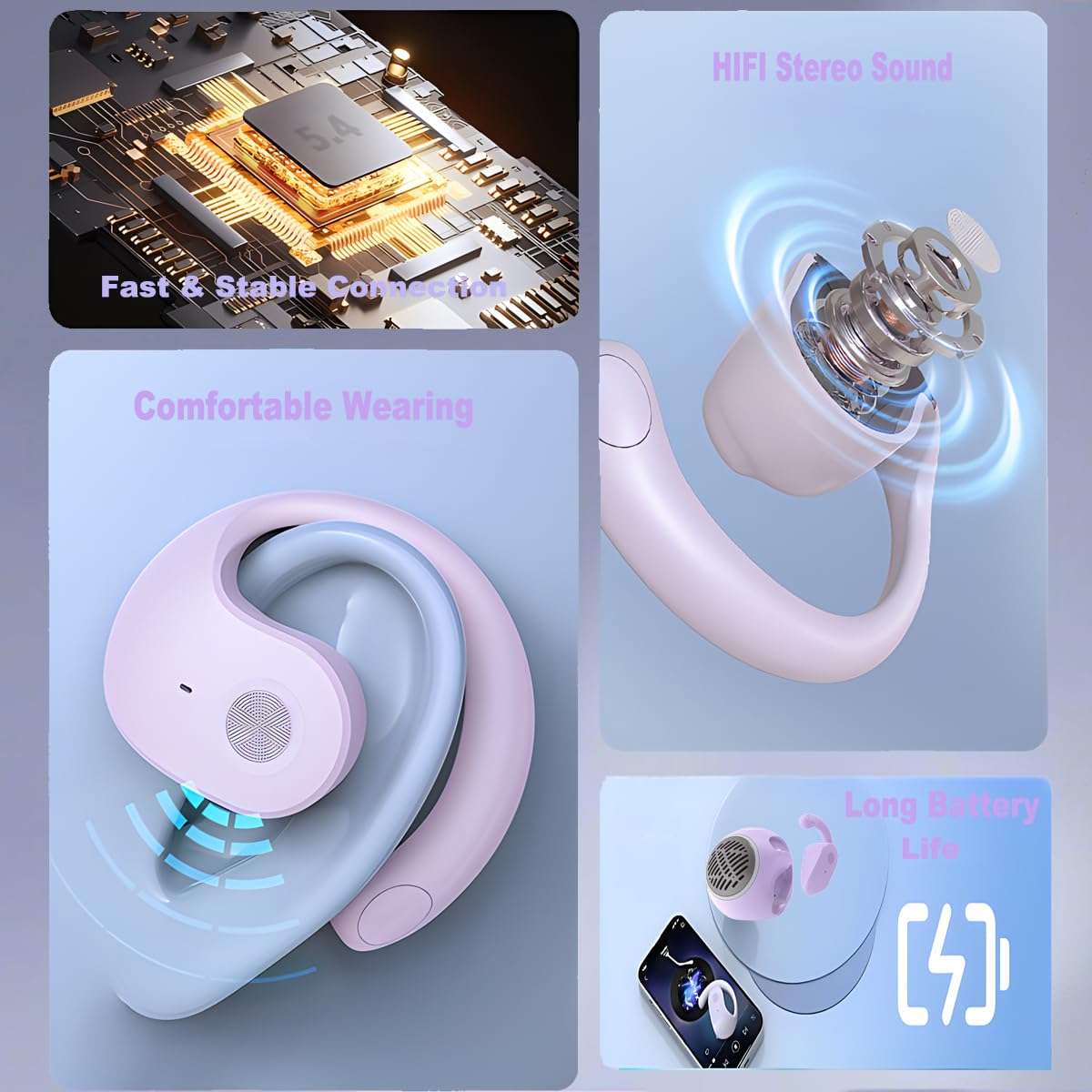 Wireless Open Ear Bluetooth Headphones, 2 in 1 open ear earbuds with Mini Portable Bluetooth Speaker,OWS Hanging Earphones, Air Conduction Over Ear Earbuds Out of Ear (2 in 1 With Speaker, Purple) 5