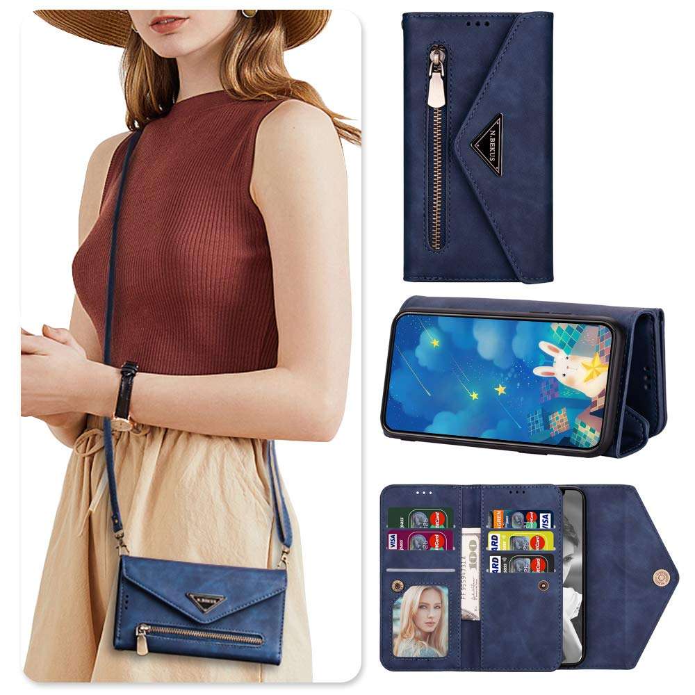 IVY Multi-Function Fashion Zipper Bag Wallet Case for Samsung Galaxy S20 FE [Wrist & Bag Strap][Kickstand Flip Case] - Blue 2