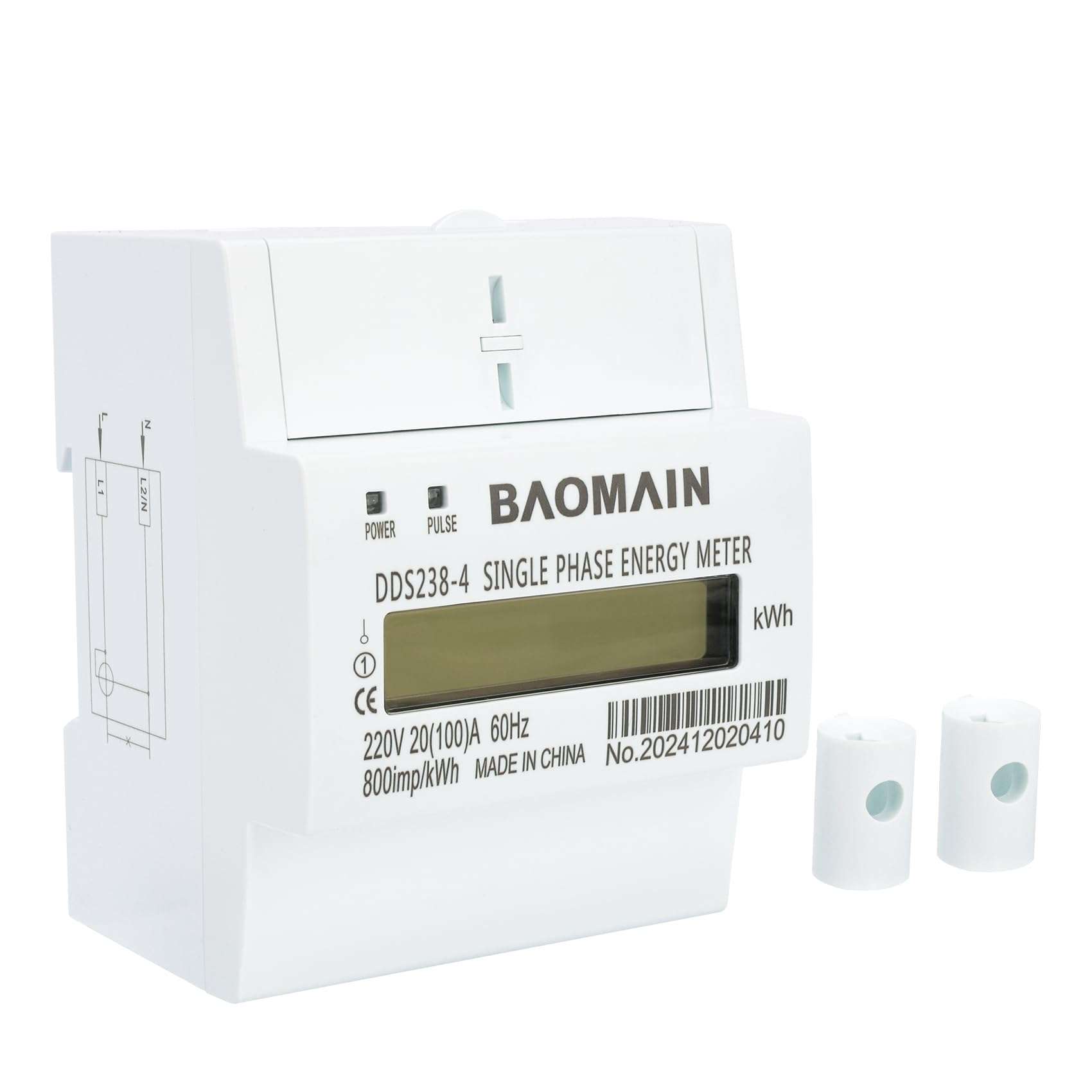 Baomain Single Phase Energy Meter 2 Wire 220V DIN-Rail Type Kilowatt Hour kwh Meter 60Hz 20 (100) A 1