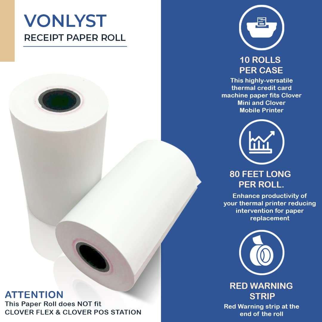 Vonlyst Receipt Paper for Clover Mini and Clover Mobile Thermal Printer 2 1/4 x 80 (10 rolls) 6