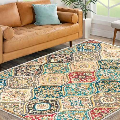GiuMsi 4' x 6' Moroccan Trellis Area Rugs, Soft and Wrinkle-Free Washable Rug with Non-Slip Backing for Living Room, Bedroom, Office,Hallway, Kitchen Entryway-(Cream/Multi 4x6ft) 4