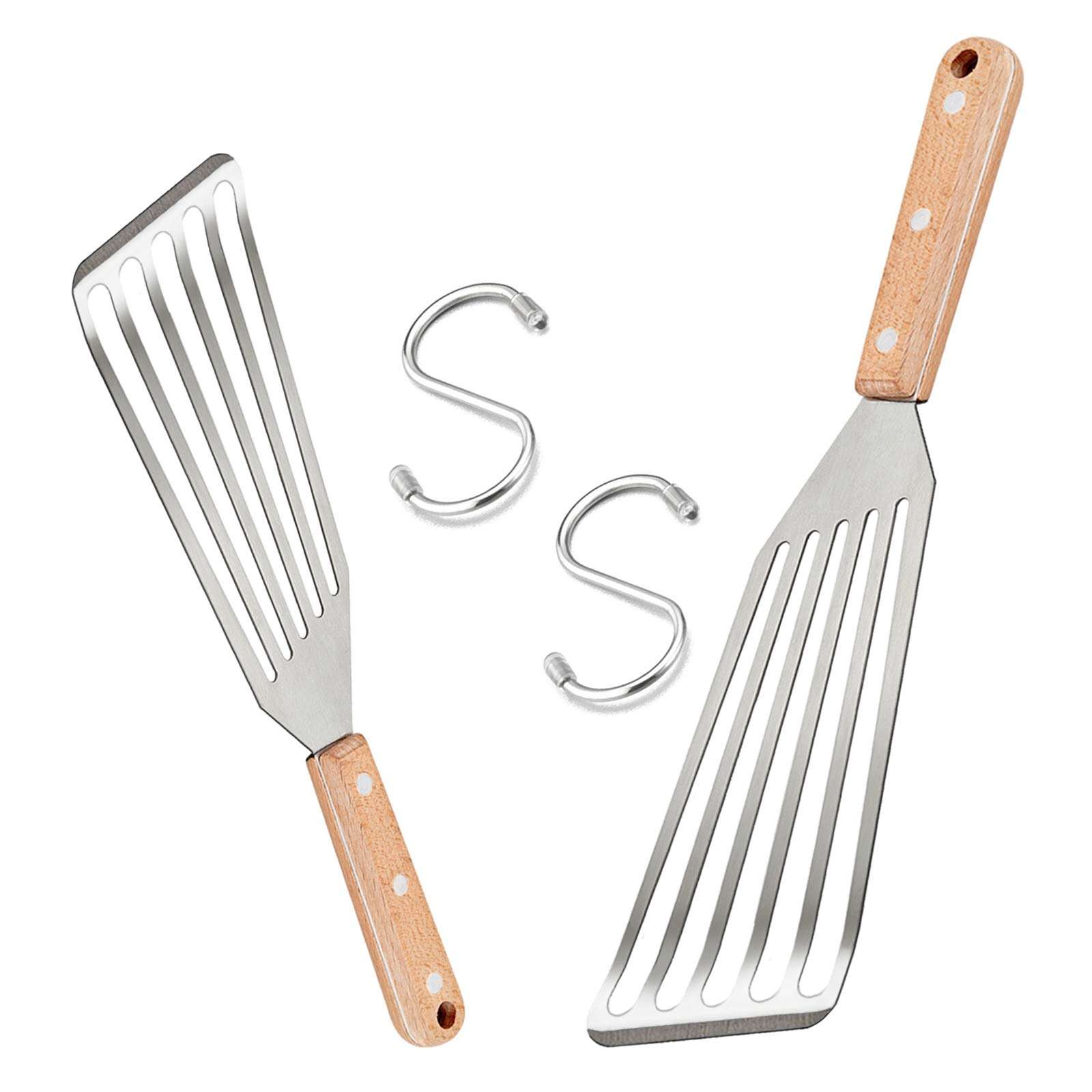 Fish Spatula Set of 2, HaSteeL Stainless Steel Slotted Spatula Turner with Riveted Wooden Handle, Professional Metal Spatulas Great for Kitchen Cooking Flipping Frying & Grilling, 2 x Hooks 1
