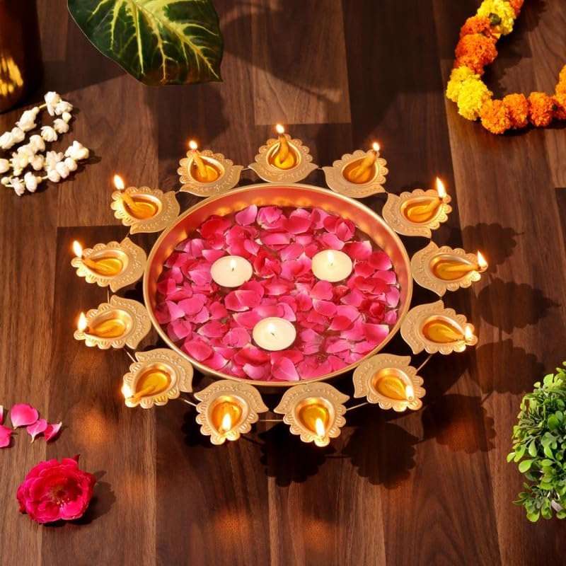 SWAY Home Decor Golden Metal Handcrafted Designer Diya Urli for Diwali with 13 Diyas Set-Traditional Decorative Bowl for Floating Flowers and Tea Light Candles, Diwali Urli, Decoration Items for Home 1