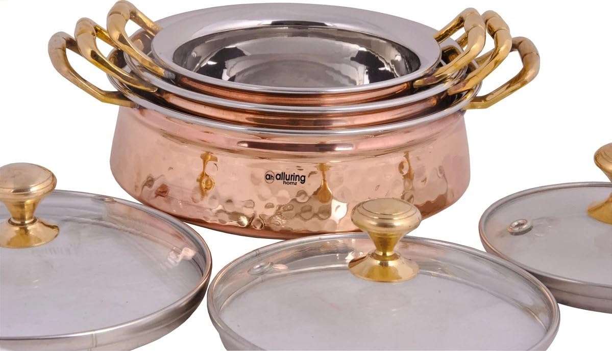 Alluring Homz Combo Hammered Steel Copper Casserole Handi Bowl with Glass Lid,Tableware and Serveware Serving Dishes Copper, Handi (300 ml +500 ml + 800 ml) Pack of 3 5