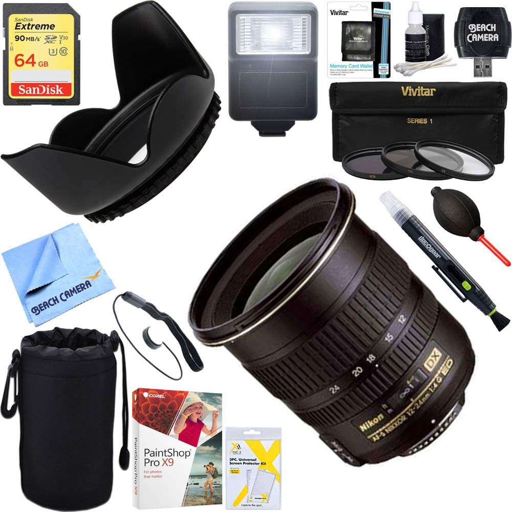 Nikon 12-24mm F/4G ED-IF AF-S DX Zoom-Nikkor Lens + 64GB Ultimate Filter & Flash Photography Bundle 1