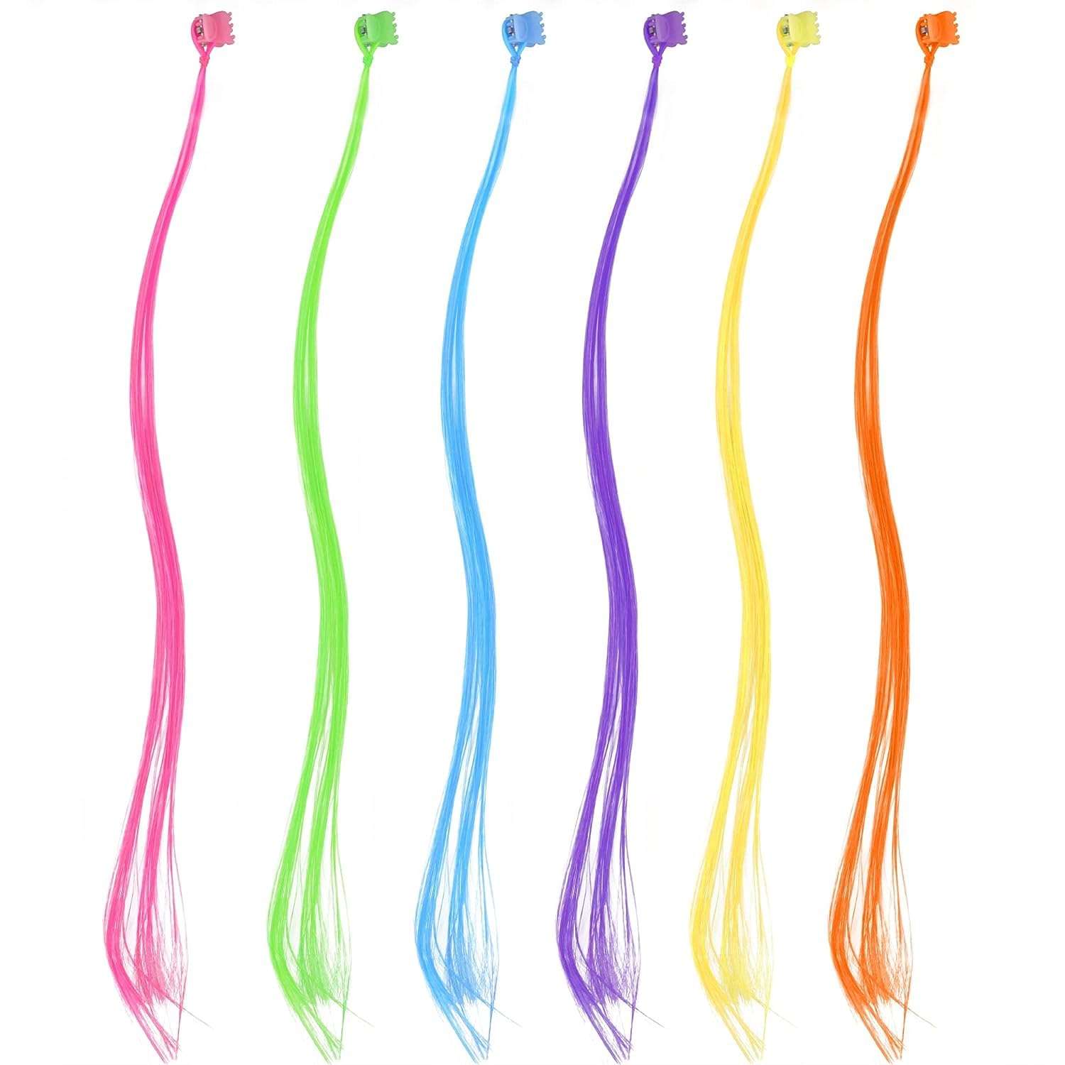 DazzleDiva Hair Highlight Extensions Artificial Hair Strips Colourful Hair Streaks Trendy Hair Streak Coloured Hair Extensions For Kid Hair Clips For Kids Side Hair Extensions 6PCS 1