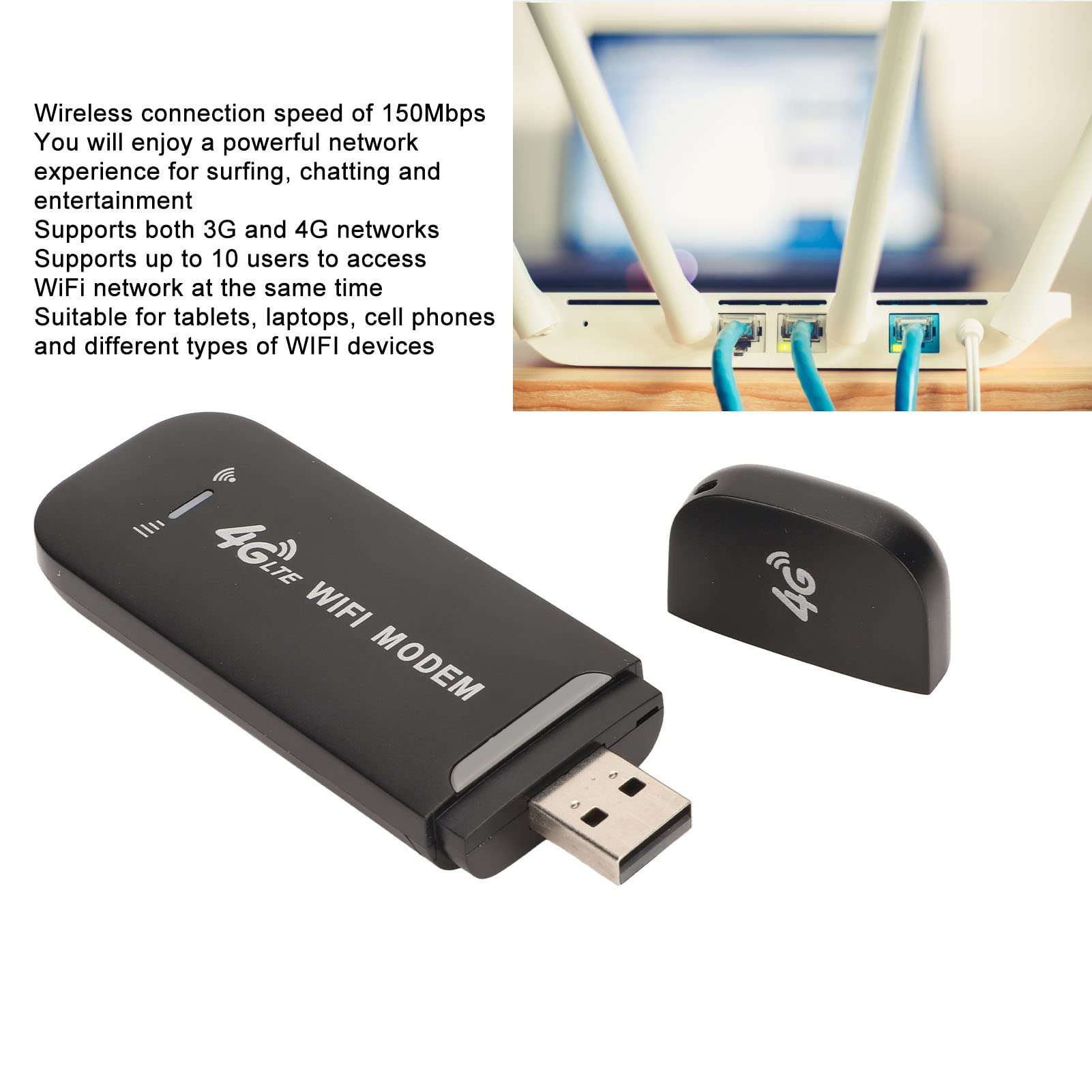 USB WiFi Adapter, 3G 4G LTE USB WiFi Router, 10 Users, Standard SIM Card Slot, 150Mbps 2.4G Mobile WiFi Dongle Hotspot, WiFi Network Adapter for PC Laptop 5