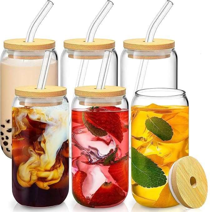 Dakshayanii Drinking Glasses with Bamboo Lids and Glass Straw, Can Shaped Glass Cups Juice Glasses Ice Coffee Glasses Cute Tumbler Cup - 500ml, (Set of 6) 1