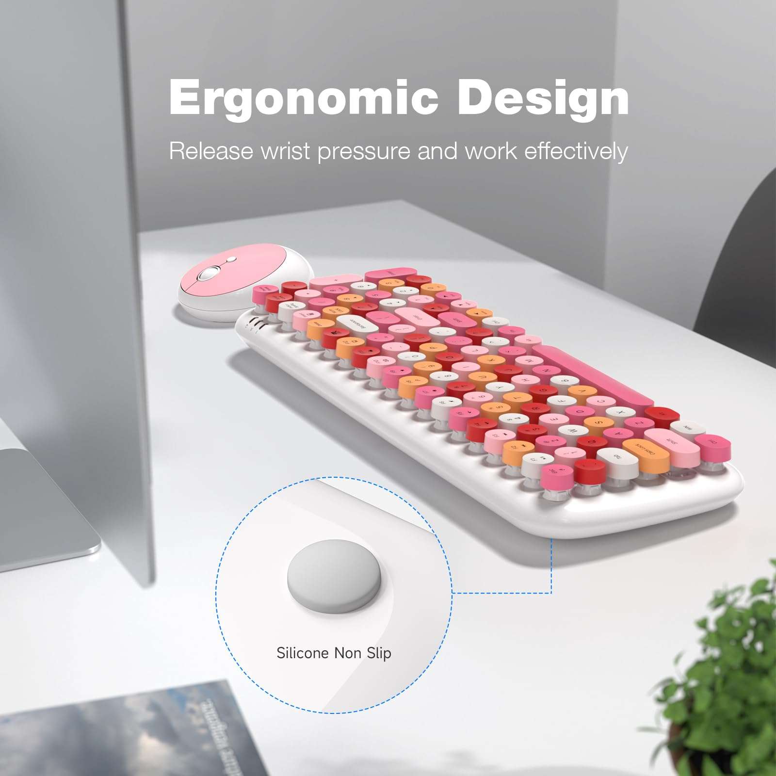 MOFII Wireless Keyboard and Mouse, Typewriter Full Size Keyboard with Number Pad and 2 in 1 USB Connected Mouse for Mac, Windows 7/8/10, Laptop, Desktop, PC, Computer (White Colorful) 5