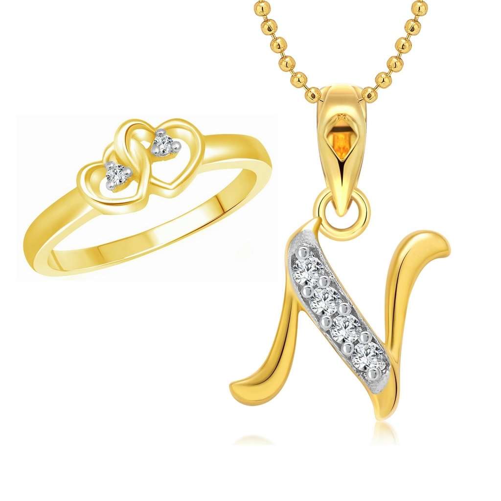 Vighnaharta valentine day gift valentineday gift for her gift for him gift for women gift for men Valentine gift Dual Heart Ring with Initial ''N'' Letter Pendant Gold and Rhodium Plated Jewellery Combo Set 1