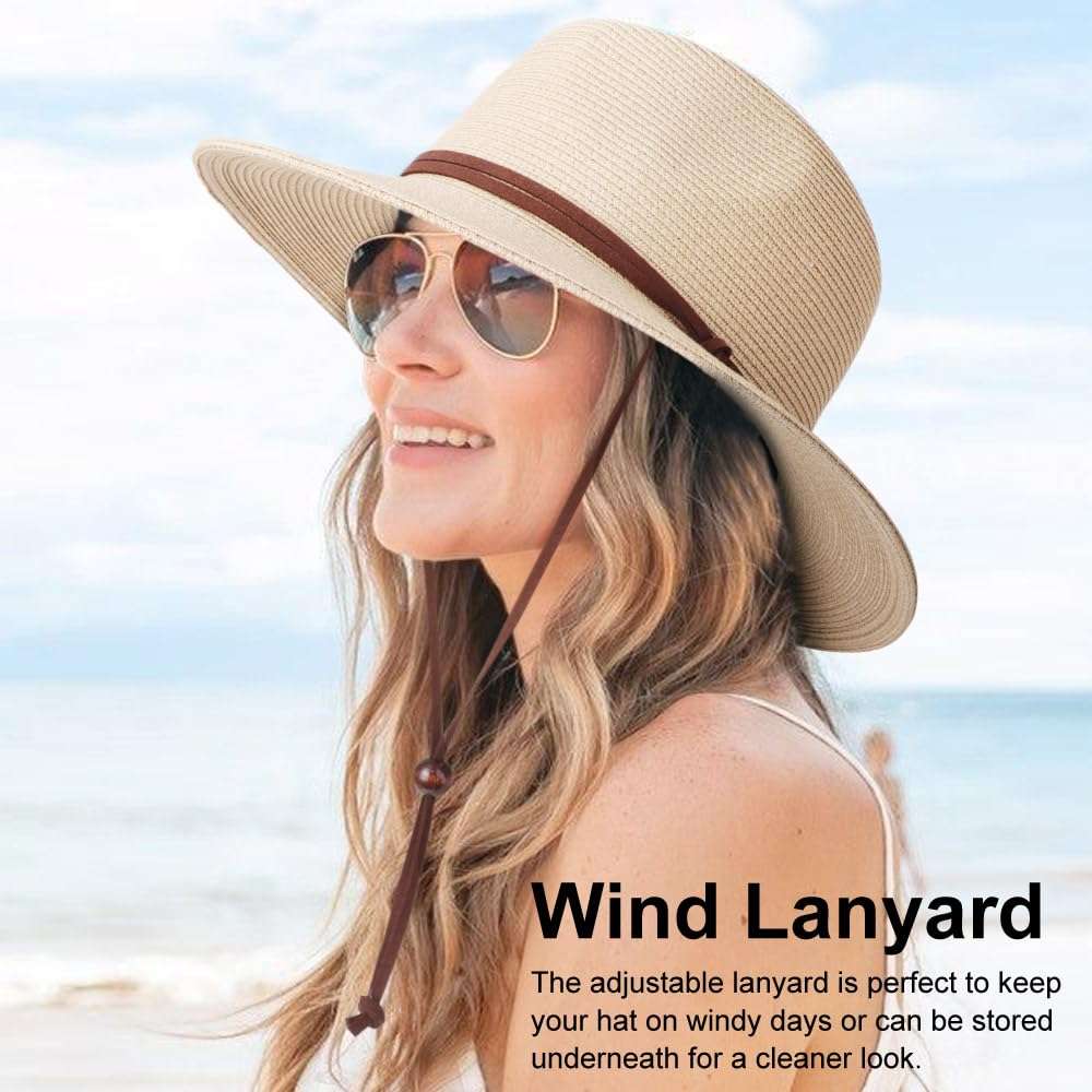 DRESHOW Womens Summer Straw Sun Hat Wide Brim Bucket Hats Fedora Hat Panama Beach Hat with Chin Strap UPF 50+ 6