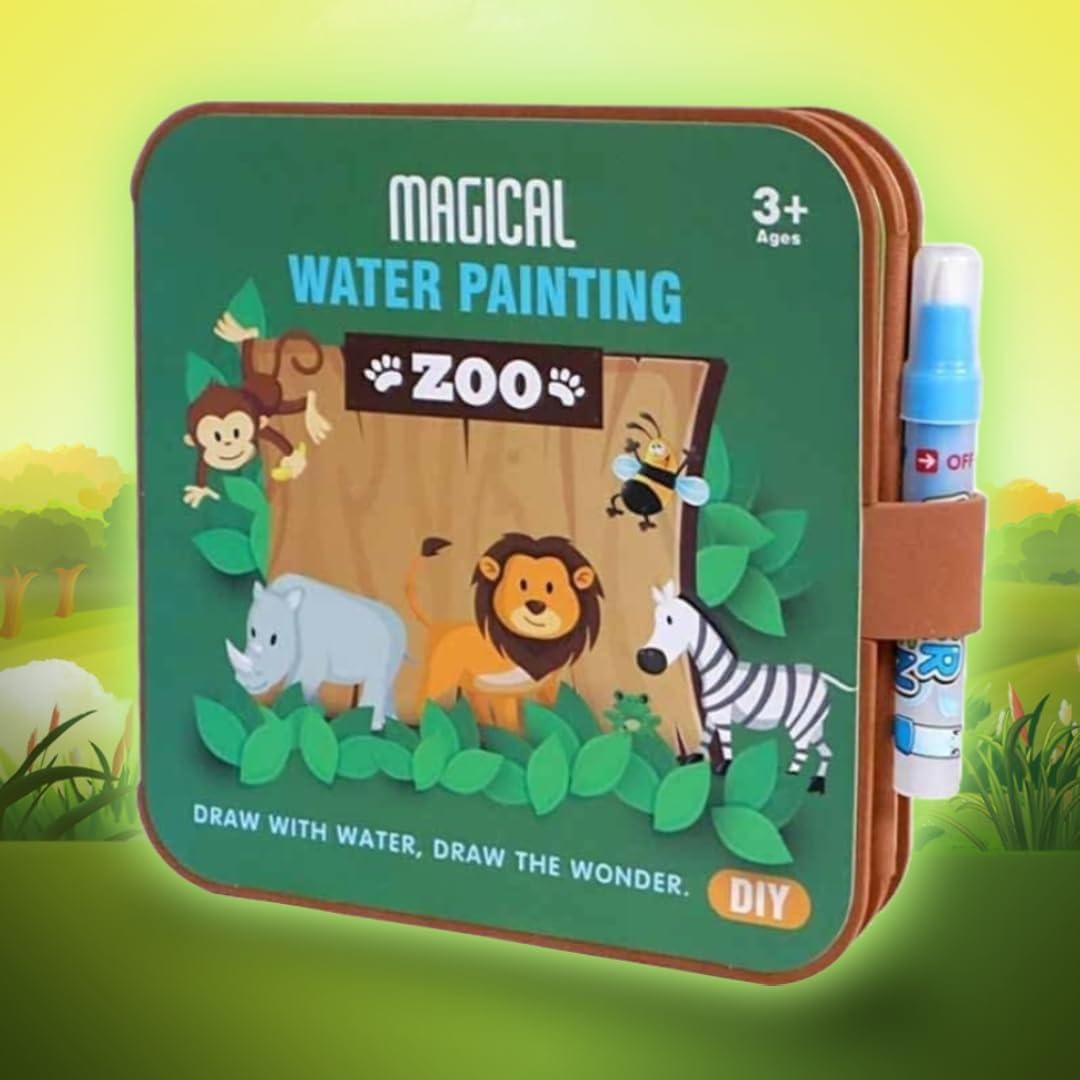 Magical Water Painting Book, Zoo Animal Theme, Reusable Drawing Activity Set with Water Pen, Ages 3+, DIY Art Toy