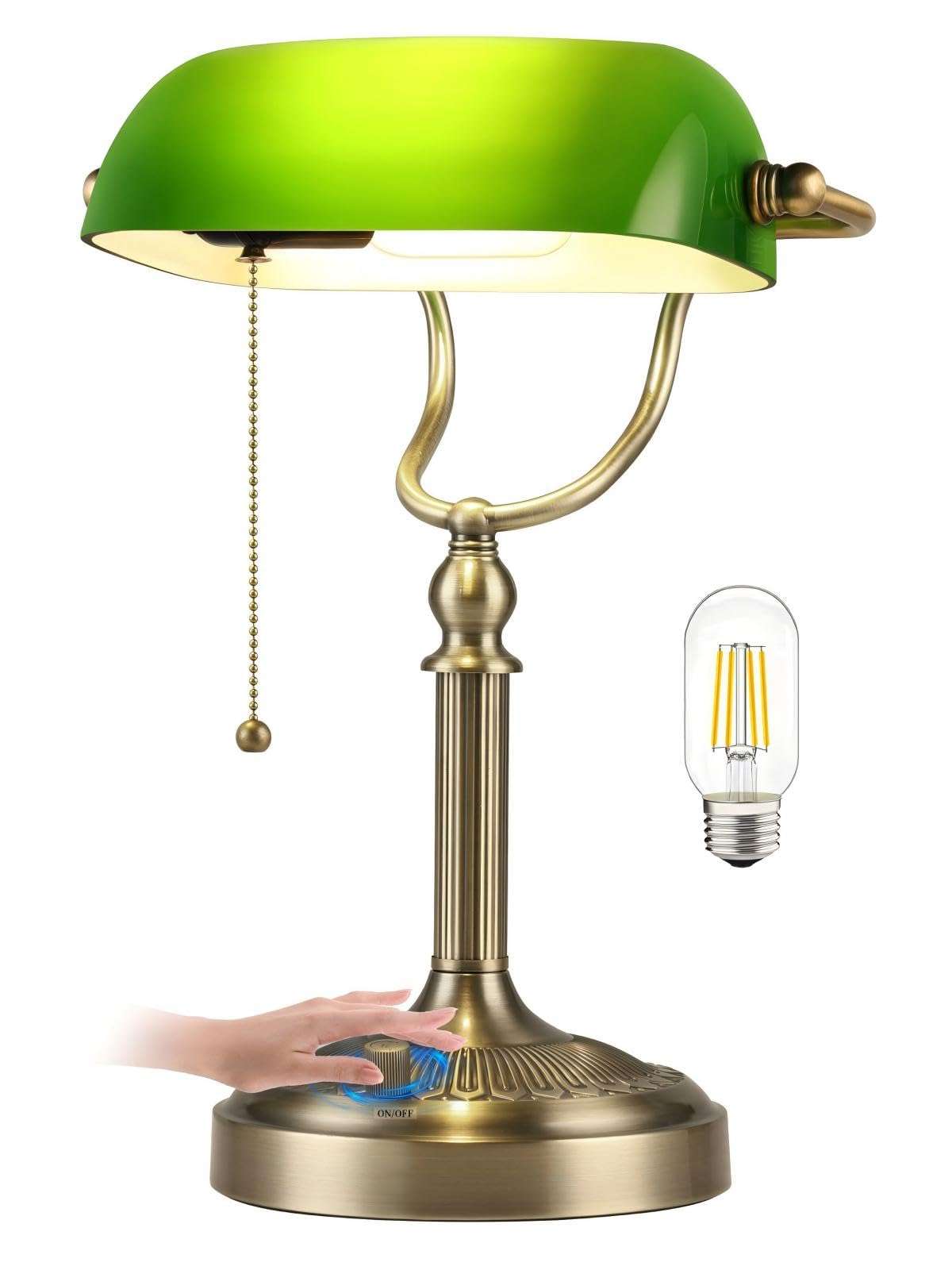 Newrays Green Glass Bankers Desk Lamp, Stepless Dimmable Table Lamp Plug in Fixture for Study, Office, LED Bulb Included 2