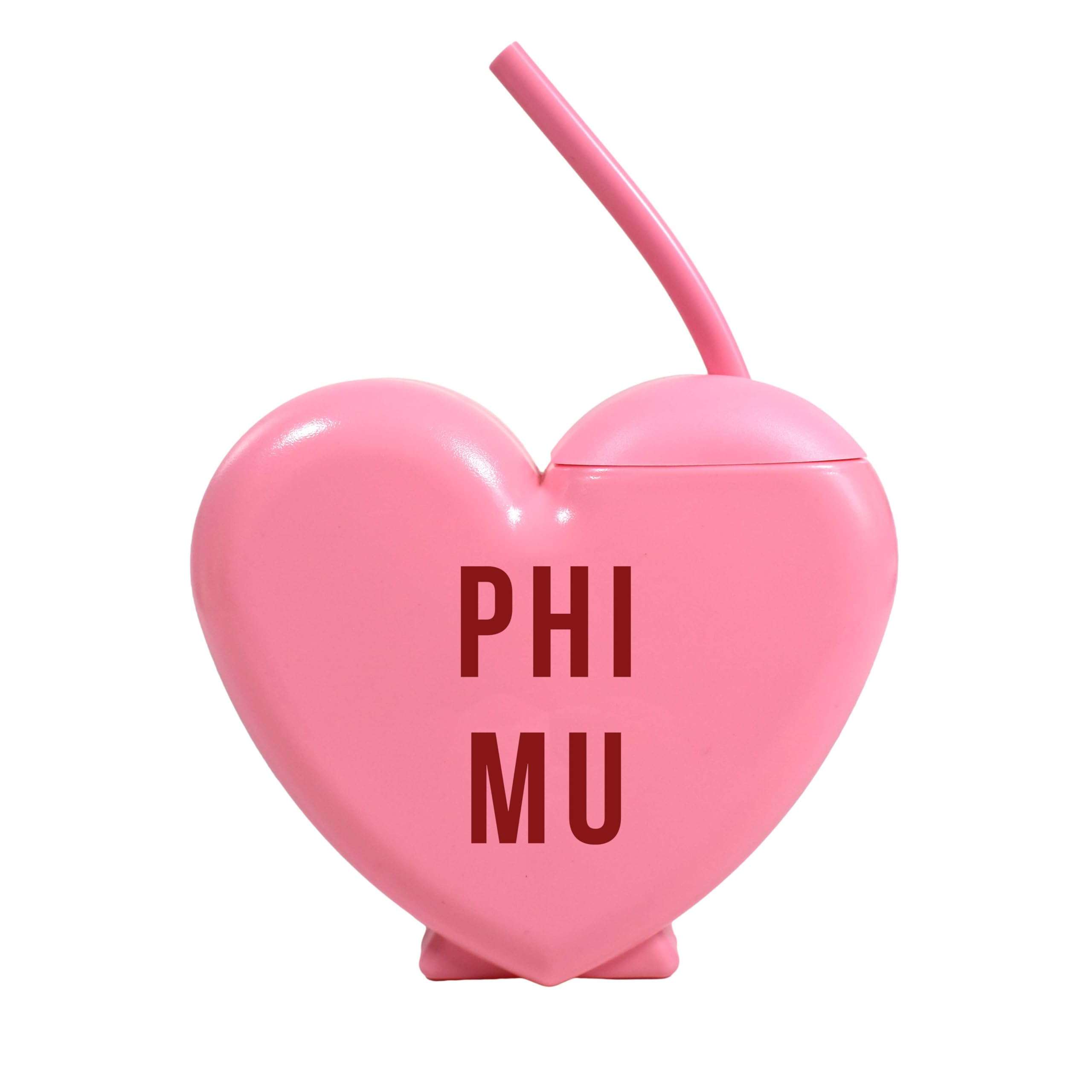 Sorority Shop Phi Mu Tumbler with Straw - Candy Heart Shaped 16 Oz Tumbler with Lid and Silicone Straw, Reusable Plastic Cup with Screen Printed Sorority Name for any Cold Drink 1