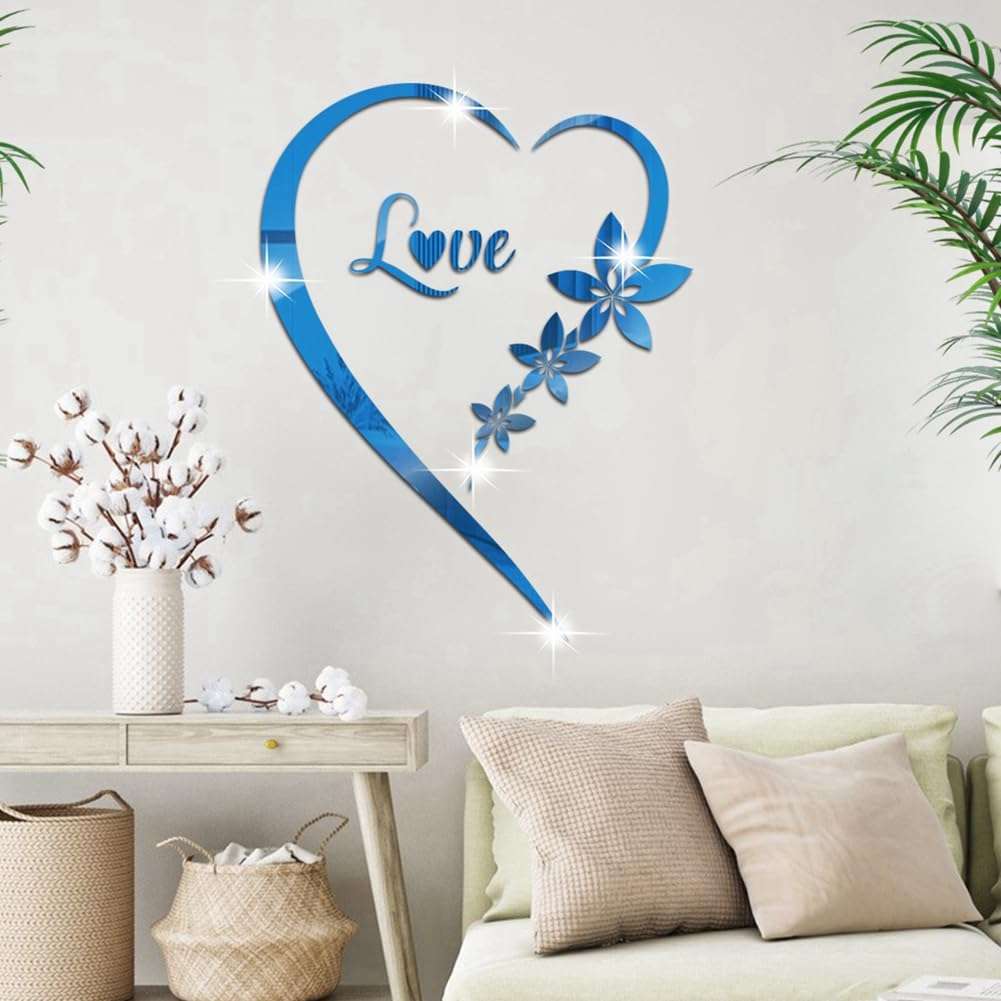 Bloepum 2pcs Love Acrylic Mirror Stickers Heart-Shaped Bedroom Living Room TV Background Wall Home Decoration Red 3