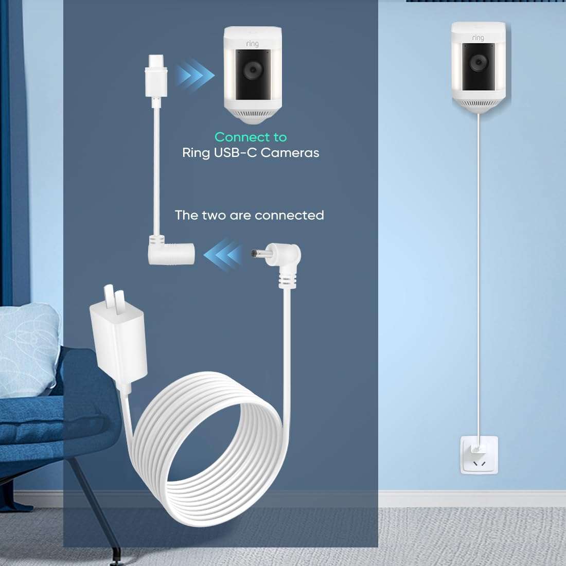 Power Adapter Compatible Ring Camera,17Ft Type C Power Cable -White (USB Port) 4