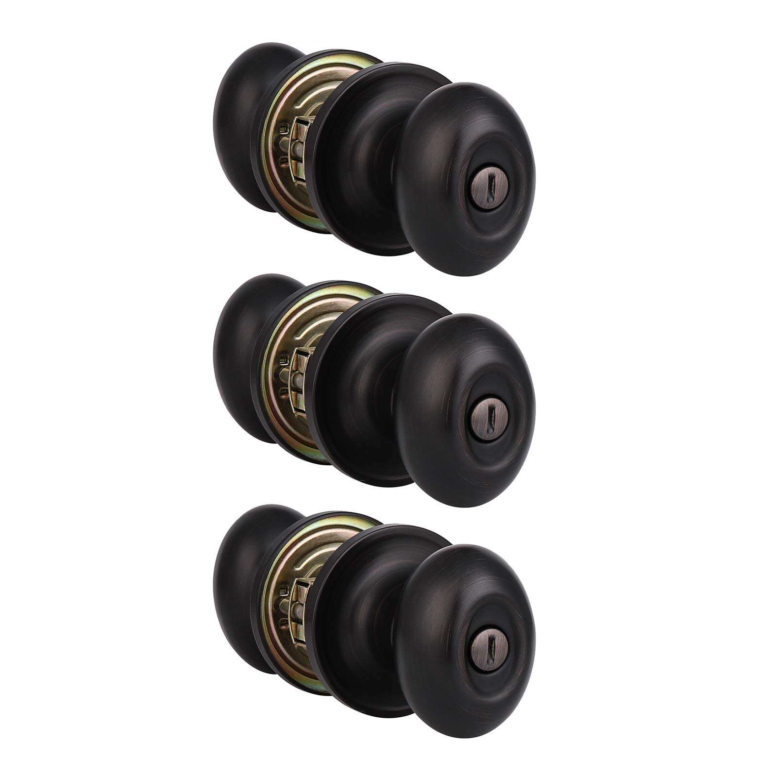 KNOBWELL 3 Pack Privacy Door Knob Locking Door Knobs, Bedroom Door Knobs with Lock, Oval Style, Privacy Door Knob for Bed or Bath Function Interior Door Use, Oil Rubbed Bronze 1